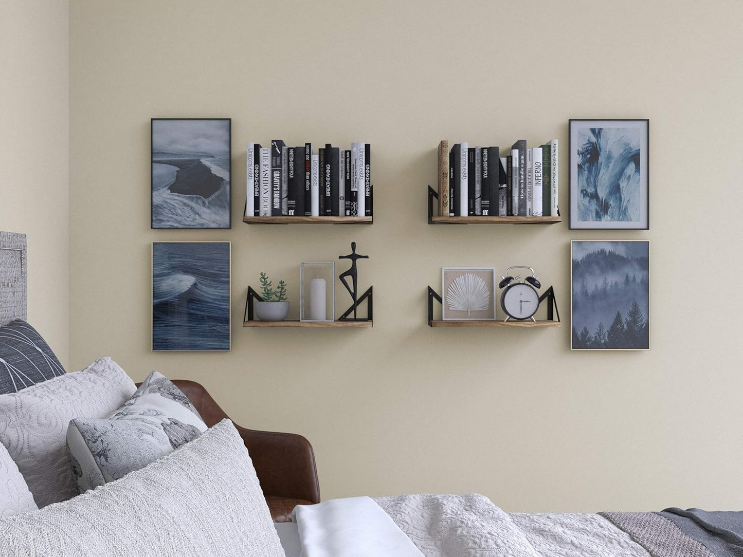 Wallniture Minori Floating Shelves Set of 4, Small Bookshelf Unit for Bedroom, Office, Bathroom, and Living Room, Natural Burned Rustic Wood Wall Decor with Metal Floating Shelf Bracket