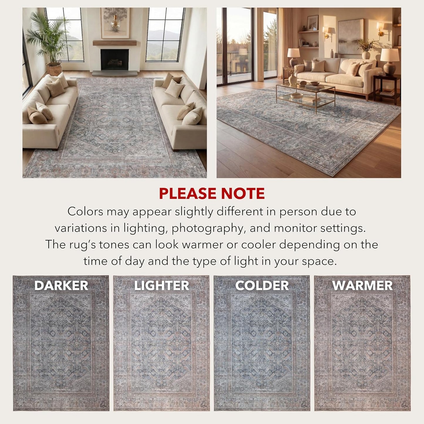 Kuden 4x6 Area Rug, Machine Washable Area Rug with Non-Slip Backing, Vintage Style, Soft, Easy Clean, Low Pile Rug for Living Room, Bedroom, Dining Room