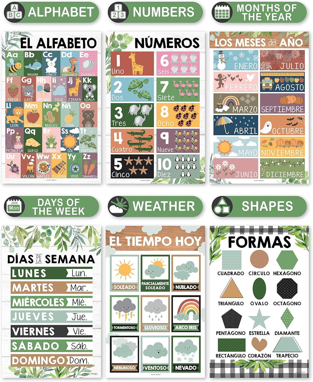 Hadley Designs Spanish Classroom Decorations - 12 Spanish Posters for Classroom Elementary, Abecedario para Niños en Español, Laminated Farmhouse Bilingual Educational Posters 11x17