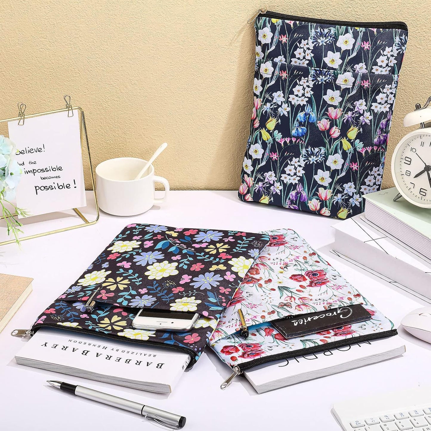 Tinlade 3 Pcs Floral Book Covers with Zipper Cute Flower Pattern Book Covers Lovers Gifts Washable Fabric Protector for Women Friend Sister Accessories Gifts