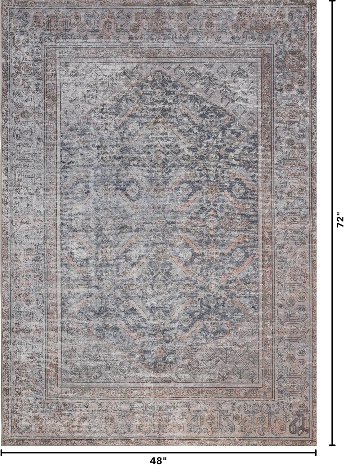 Kuden 4x6 Area Rug, Machine Washable Area Rug with Non-Slip Backing, Vintage Style, Soft, Easy Clean, Low Pile Rug for Living Room, Bedroom, Dining Room