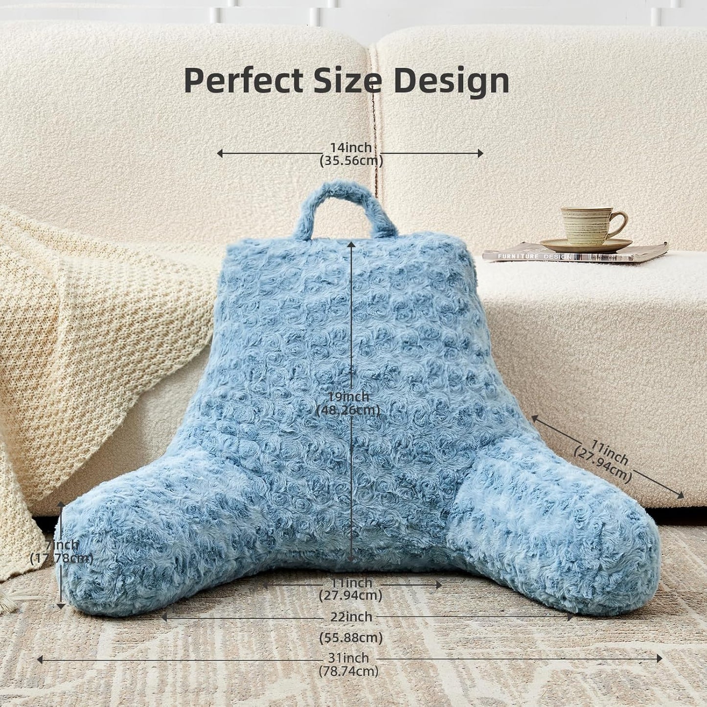 Reading Pillow,Rose Velvet Back Pillow with Arms for Bed Sitting Up, Bed Pillow for Adult Children, Backrest Pillows with Washable Cover, Chair Pillow for Watching TV/Gaming/Relaxing (Lake Blue)