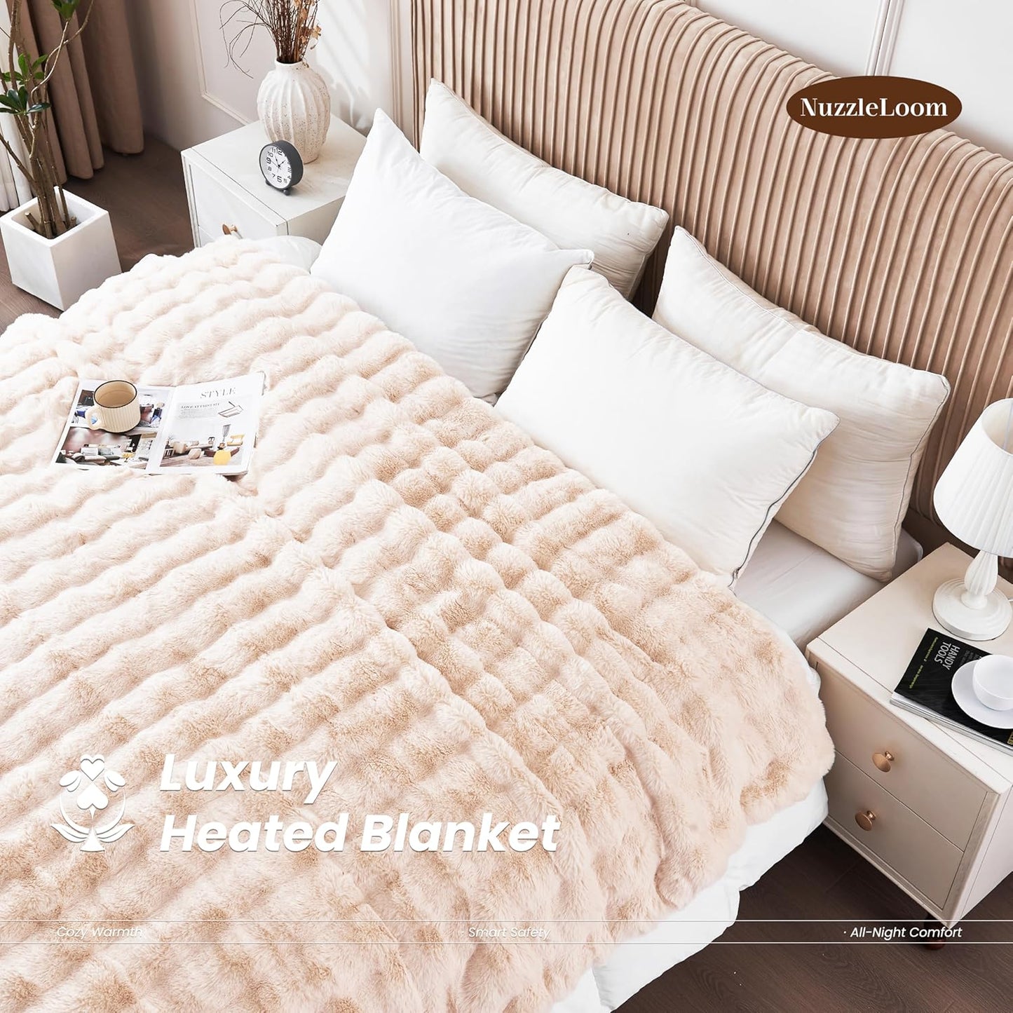 Heated Blanket Throw 50''x60'', Fast Heating Electric Blanket Ultra-Soft Faux Rabbit Fur with 5 Heat Levels & 5H Auto Shut-Off, Overheat Protection, Machine Washable
