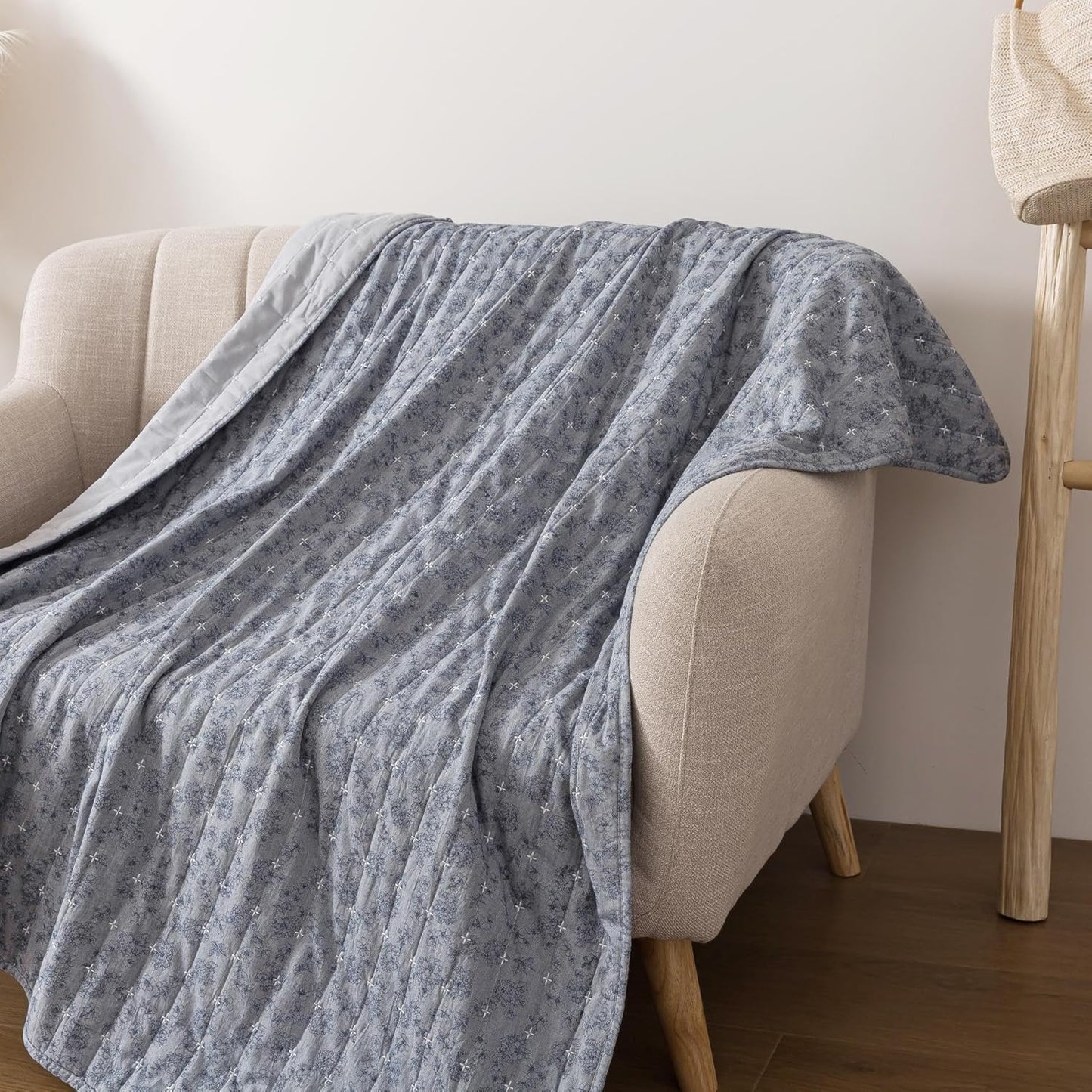 Soul & Lane Blue Whisper Diamond Cotton Quilted Throw Blanket - 50" x 60", Modern Gray Decorative Throw for Couch and Bed, Lightweight Contemporary Diamond Pattern Lap Quilt