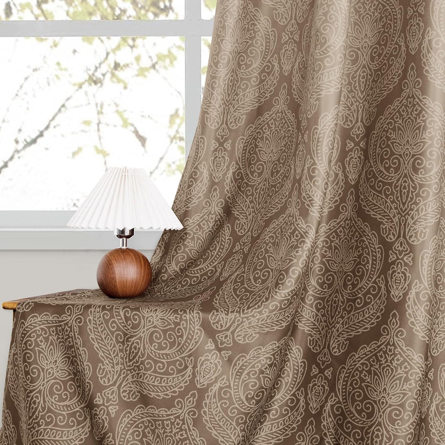 DWCN Damask Patterned Curtains 63 inches Length - Back Tab/Rod Pocket Room Darkening Window Drapes with Tiebacks Thermal Insulted Ombre Blackout Curtains for Bedroom, 2 Panels, W52 x L 63, Taupe