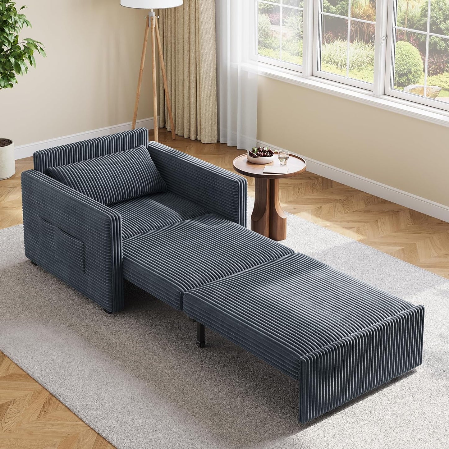 Ahomly 3 in 1 Pull Out Sleeper Chair, 75.2" Long Convertible Sofa Bed for Adults, Corduroy Armchair Chair Bed & Single Sleeper with Pillow for Dorm/Bedroom, Dark Grey