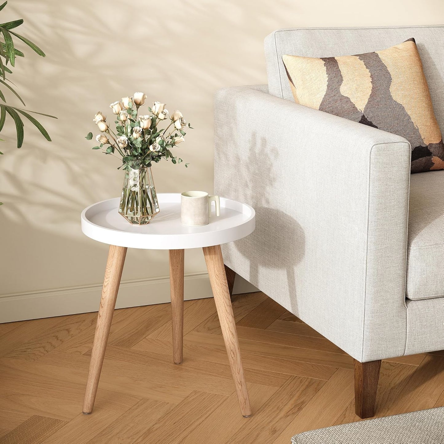 Apicizon Round Side Table, White Tray Nightstand Coffee End Table for Living Room, Bedroom, Small Spaces, Easy Assembly Bedside Table, 15 x 18 Inches