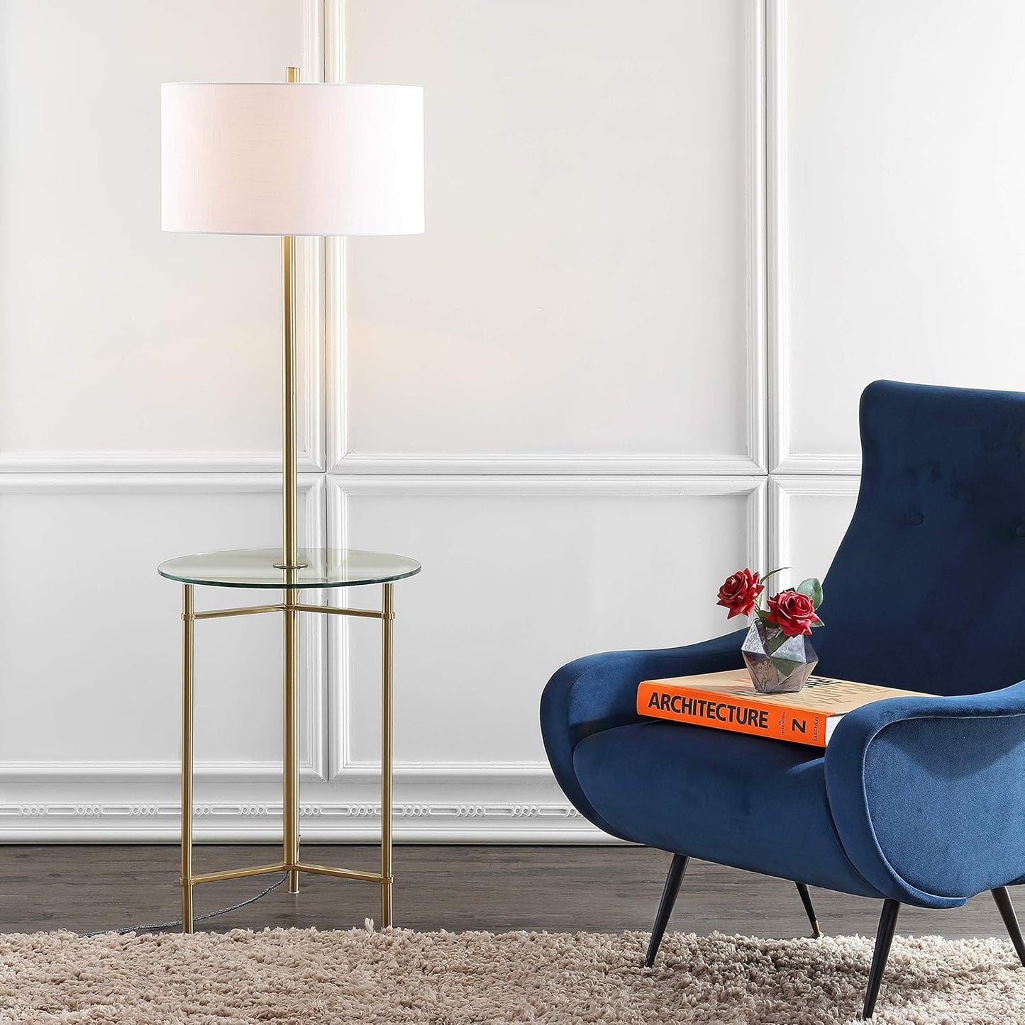 JONATHAN Y 59" Brass Gold Metal and Glass Side Table LED Floor Lamp, Modern Transitional Iron Standing Lamp with White Linen Drum Shade, UL Listed, LED Bulb Included JYL3059A