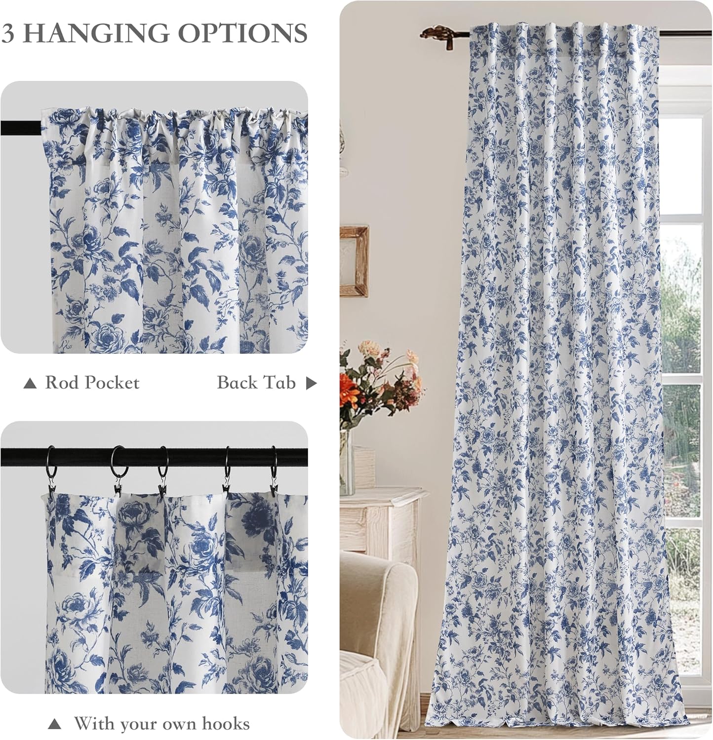 NICETOWN Blue Floral Curtains for Kitchen & Nursery, Linen Blend Drapes with Vintage Peony, Privacy & Light Filtering Inspired by British Museum's Blue & White Porcelain, W52 x L63 in, 2 Panels