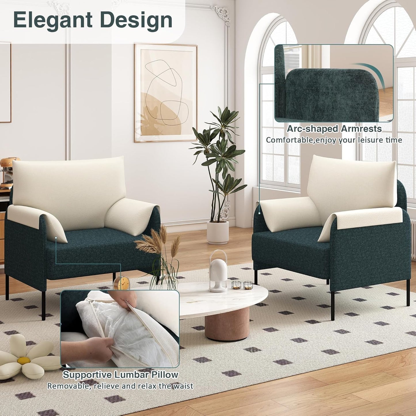 LSSPAID Accent Chair, Modern Comfy Linen Upholstered Armchairs with Removable Pillowed Back and Armrests, Sturdy Metal Frame Living Room Chair, Dark Green