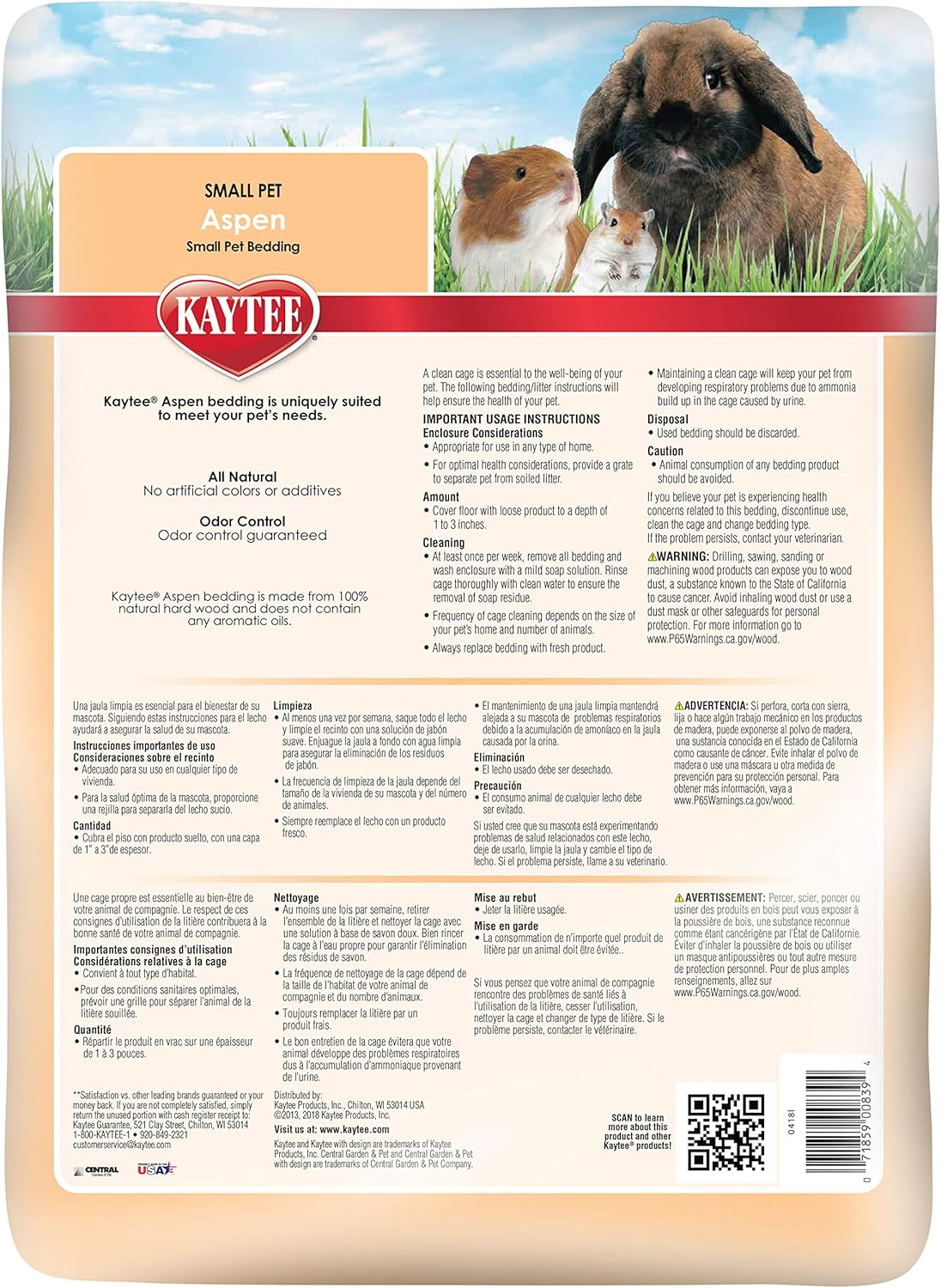 Kaytee Aspen Small Animal Pet Bedding For Pet Guinea Pigs, Rabbits, Hamsters, Gerbils, and Chinchillas, 52.4 Liters