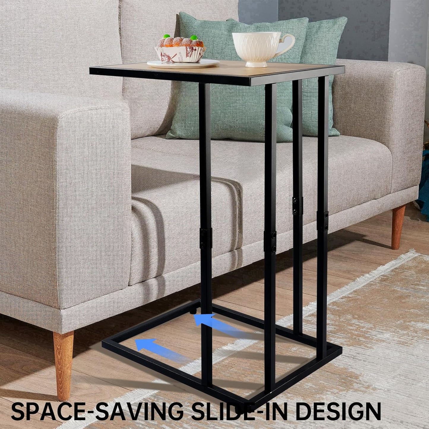 C Shaped End Table - Small Tv Tray Couch Side Table for Small Spaces,Living Room,Bed side,Slide Under Sofa Snack Table Desk for Eatting Dinner,Drink,Adjustable Metal Laptop Stand,Rustic 26'' Tall