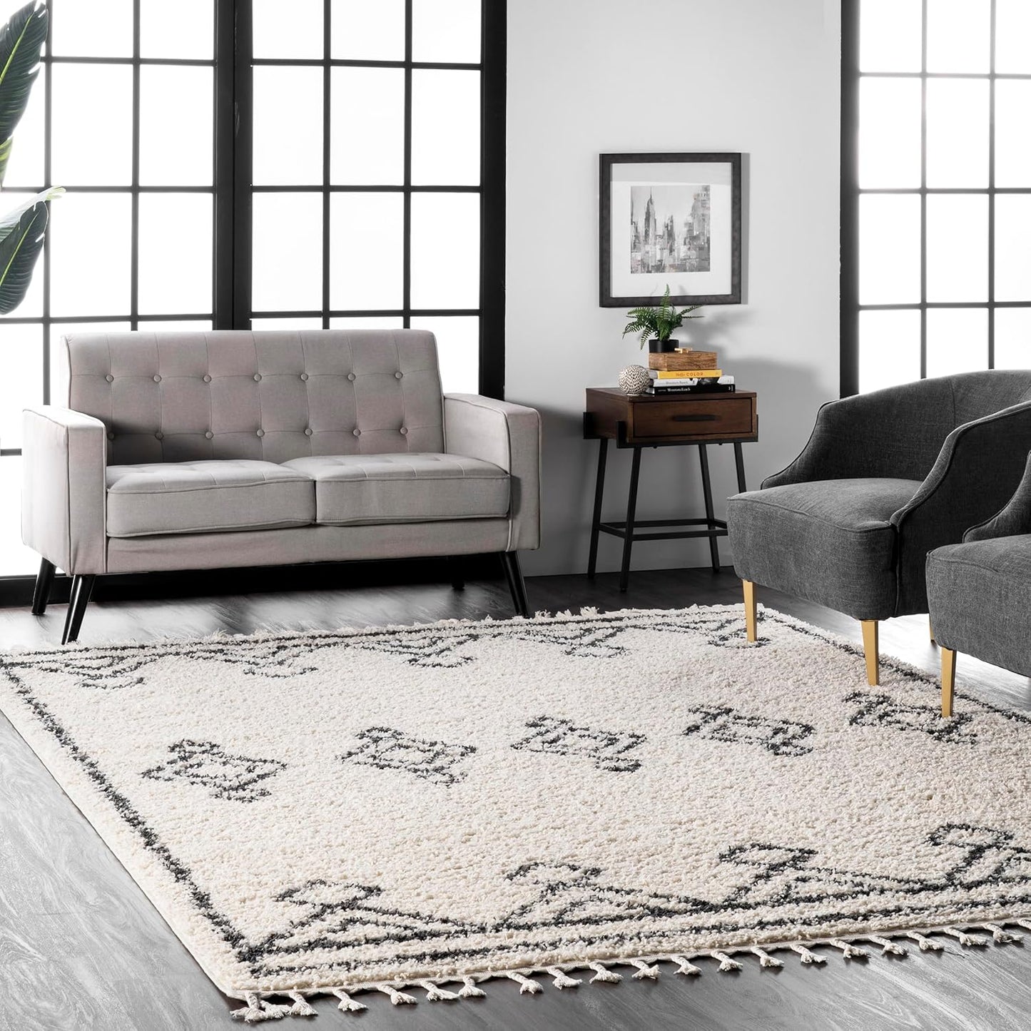 Nuloom Mackie Off-White/Charcoal, 7'10" x 10', Moroccan, Shag, Tassel, Soft and Cozy, High Traffic, Stain Resistant, Easy Clean, Durable Area Rug for Bedroom, Living Room, Dining, Den, Foyer, Entryway