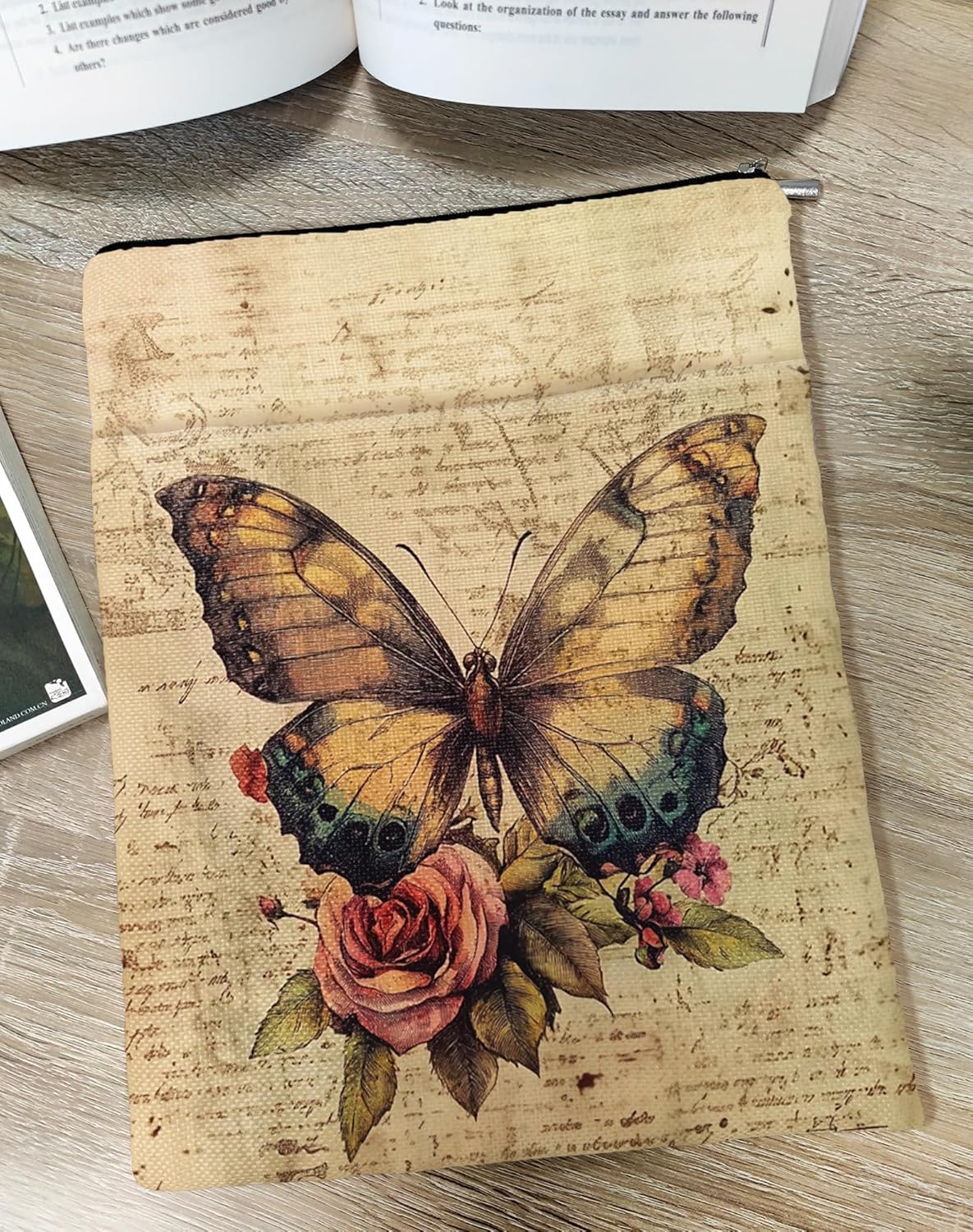 Vintage Butterfly Flower Book Cover, Book Sleeve with Zipper & Front Pocket, Reusable Book Pouch, Butterfly Floral Linen Prints Book Sleeve for Book Lovers, Bookish Gifts (Beige-Butterfly 3, Large)