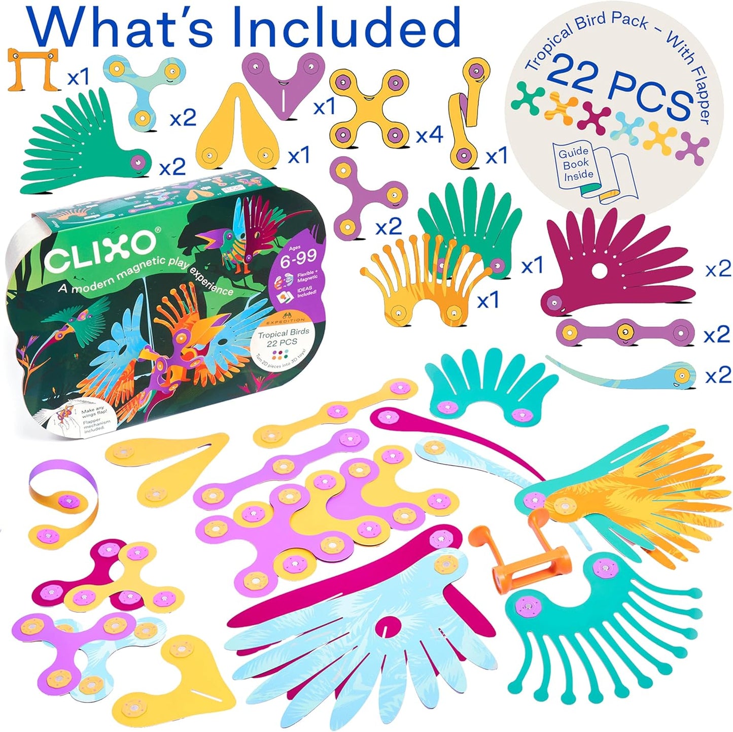 Clixo Tropical Birds Pack - Magnetic STEAM Building Toy Set with Custom Wing-Flapping Mechanism for Creative Play, Ages 6+
