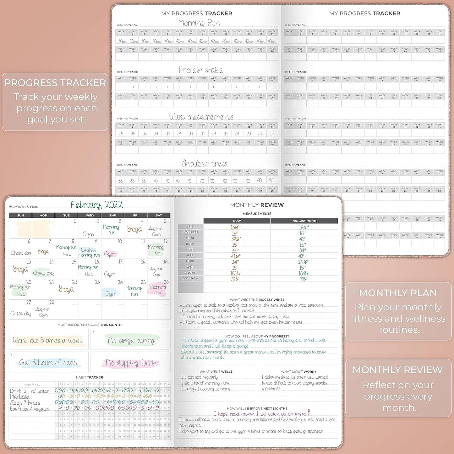 Clever Fox Fitness Journal PRO – Daily Workout Planner with Meal Planner & Habit Tracker – Gym Exercise Log Book for Women & Men – Fitness Planner Notebook – Lasts 6 Months, 7x10” - Rose Gold