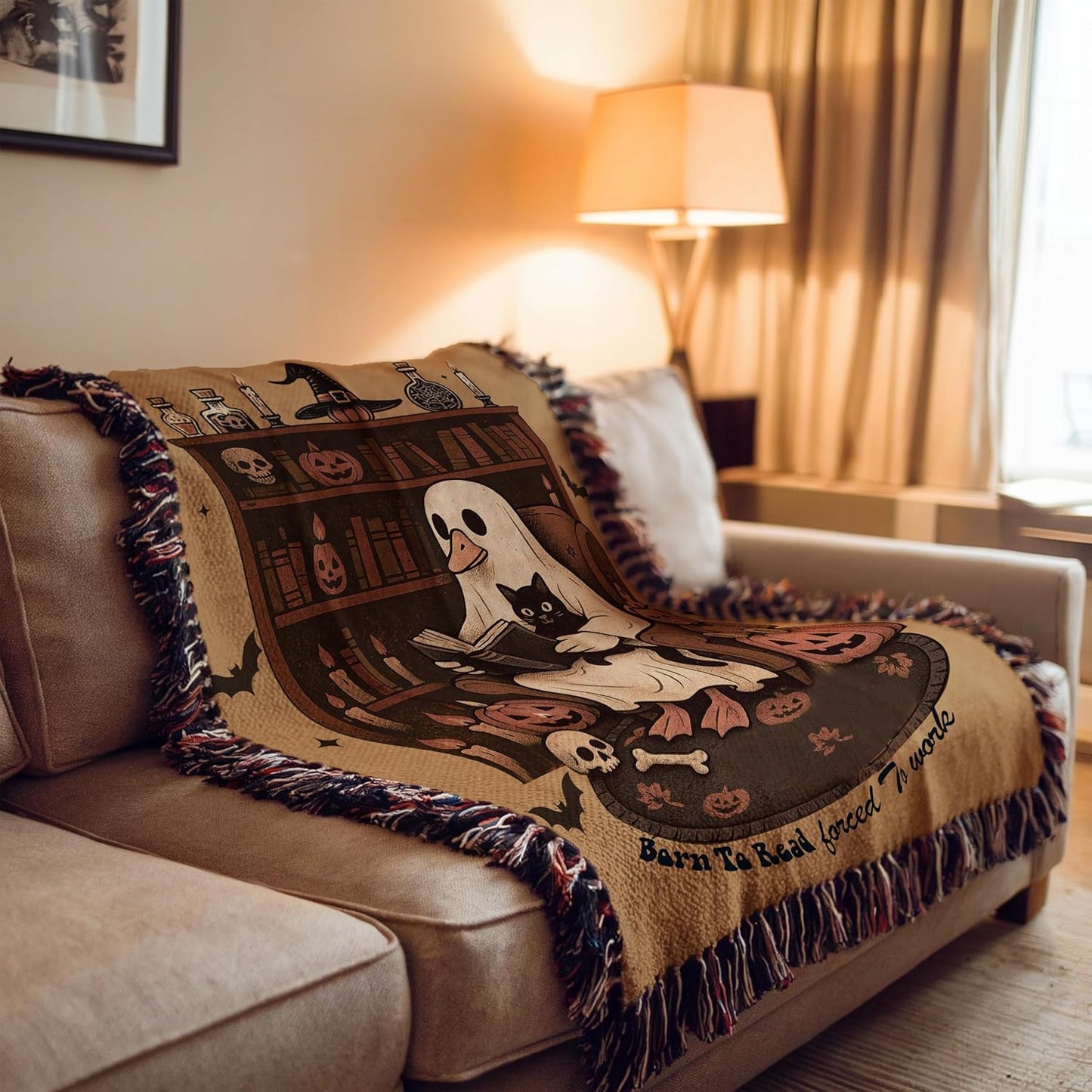 Born to Read Halloween Blanket – Ghost Reading Woven Throw – Cozy Fall Blanket for Book Nook, Gift for Readers & Spooky Decor