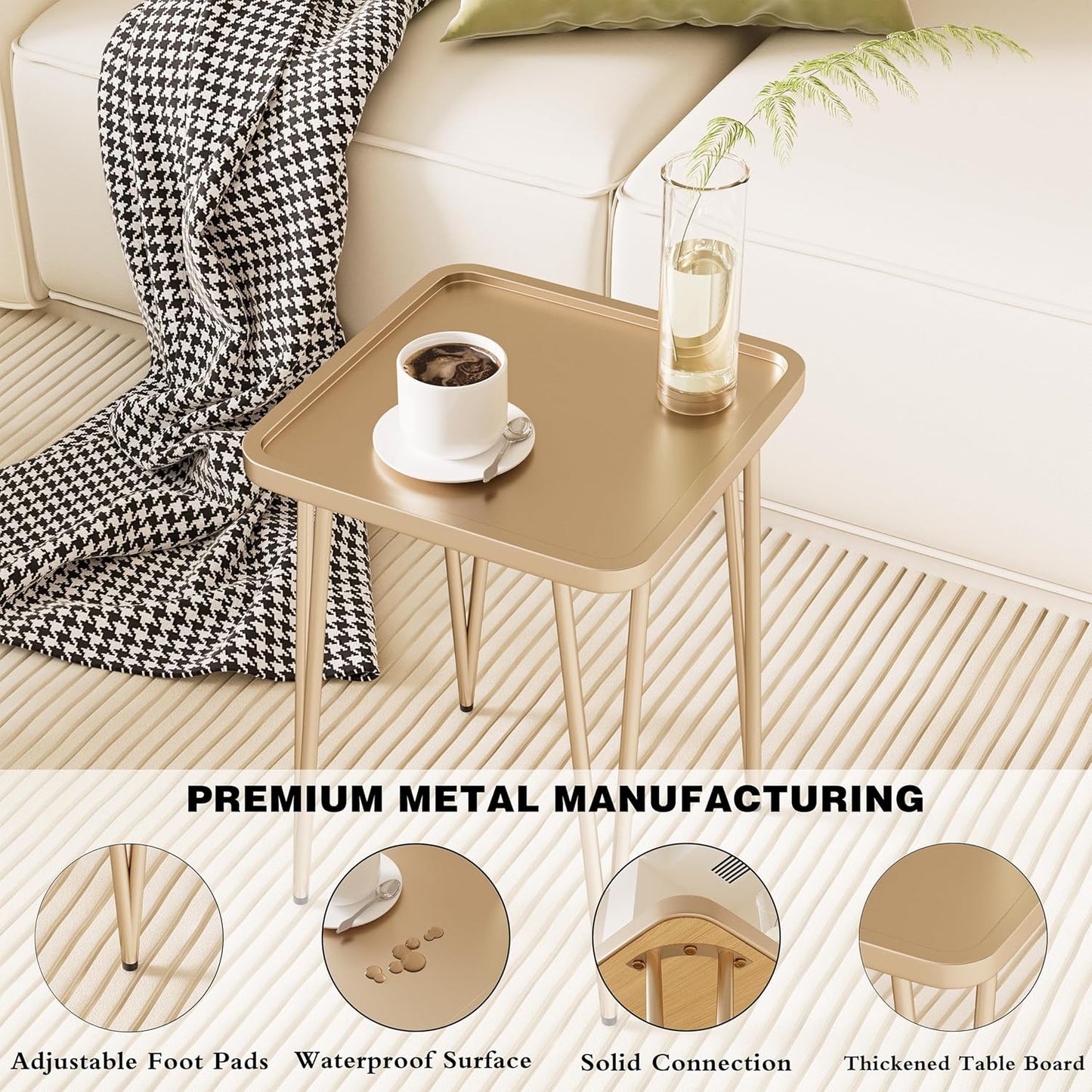 Palama Square Side Table - Metal End Table, Easy Assembly Champagne Gold Bedside Table, Perfect for Small Spaces Indoor or Outdoor, Single Plant Stand