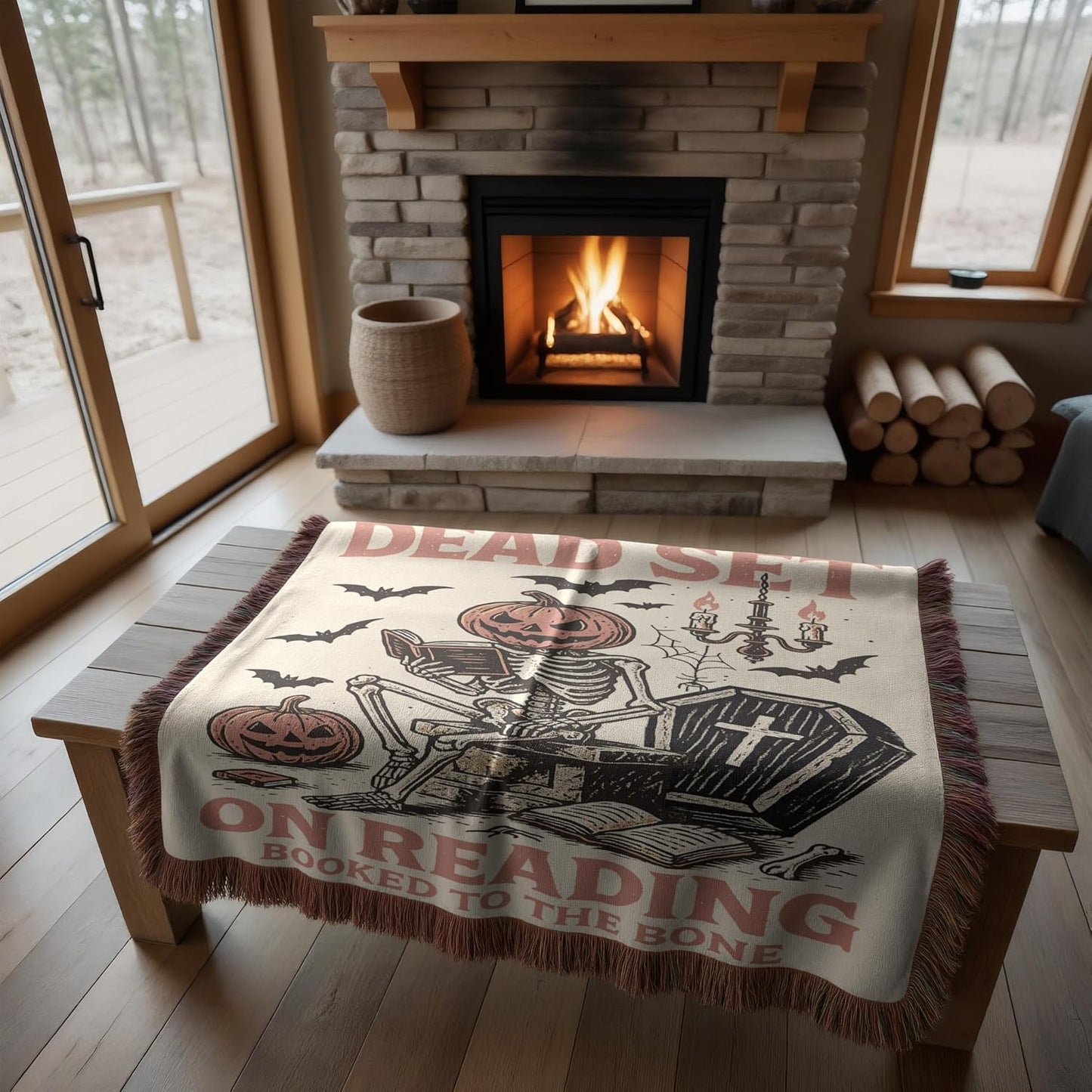 Dead Set on Reading Woven Blanket – Spooky Bookish Throw for Cozy Readers