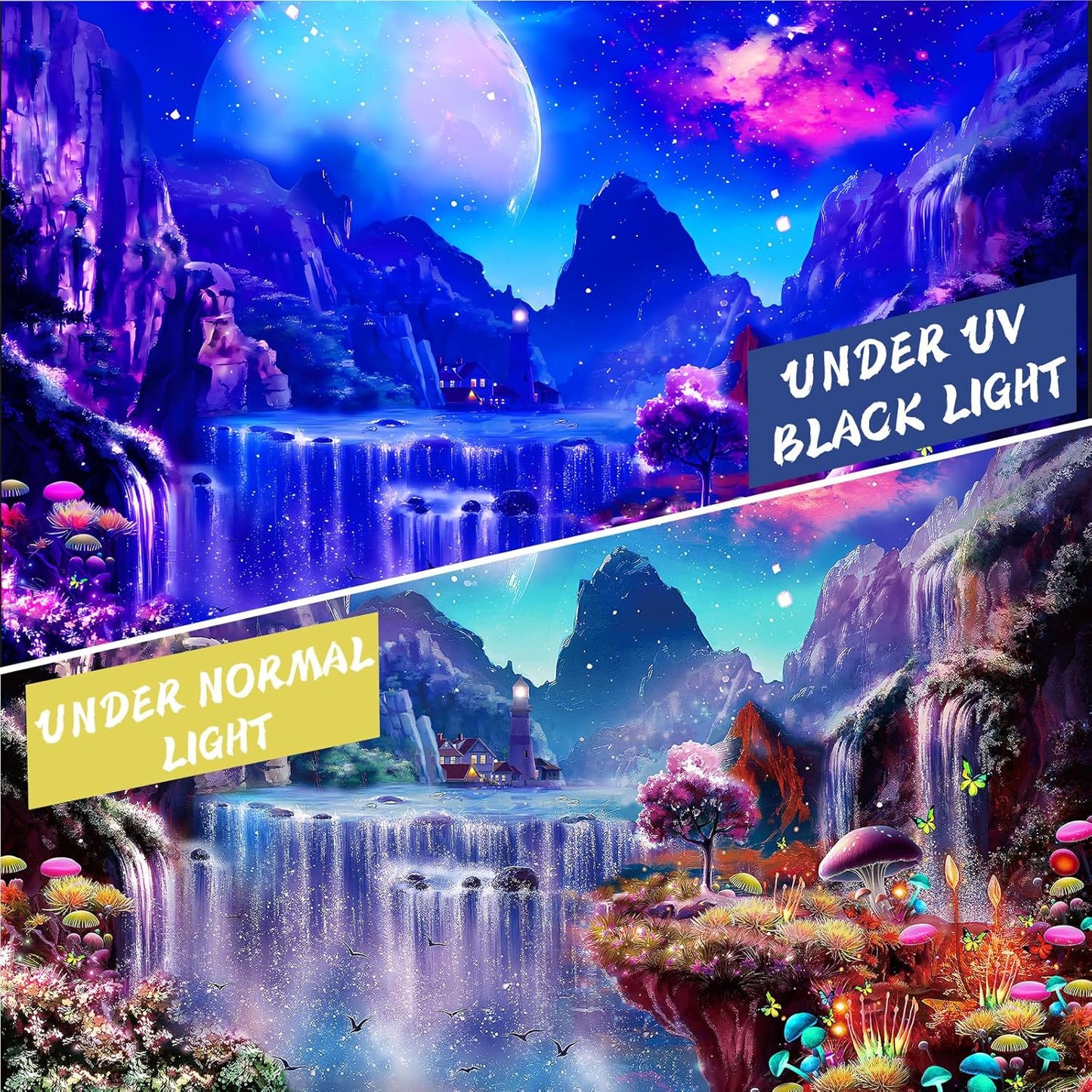 Avinyl Blacklight Space Tapestry for Bedroom, Black Light Moon and Mushroom Large Tapestries 60" x 79", Glow In The Dark Fantasy Waterfall Landscape Wall Hanging for Living Room Dorm Decor