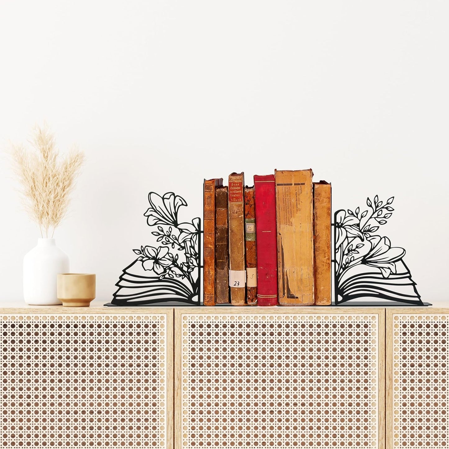 Metal Flower & Book Design Decorative Bookends – Cute Bookends for Shelves, Reading Room Decor for Book Lovers