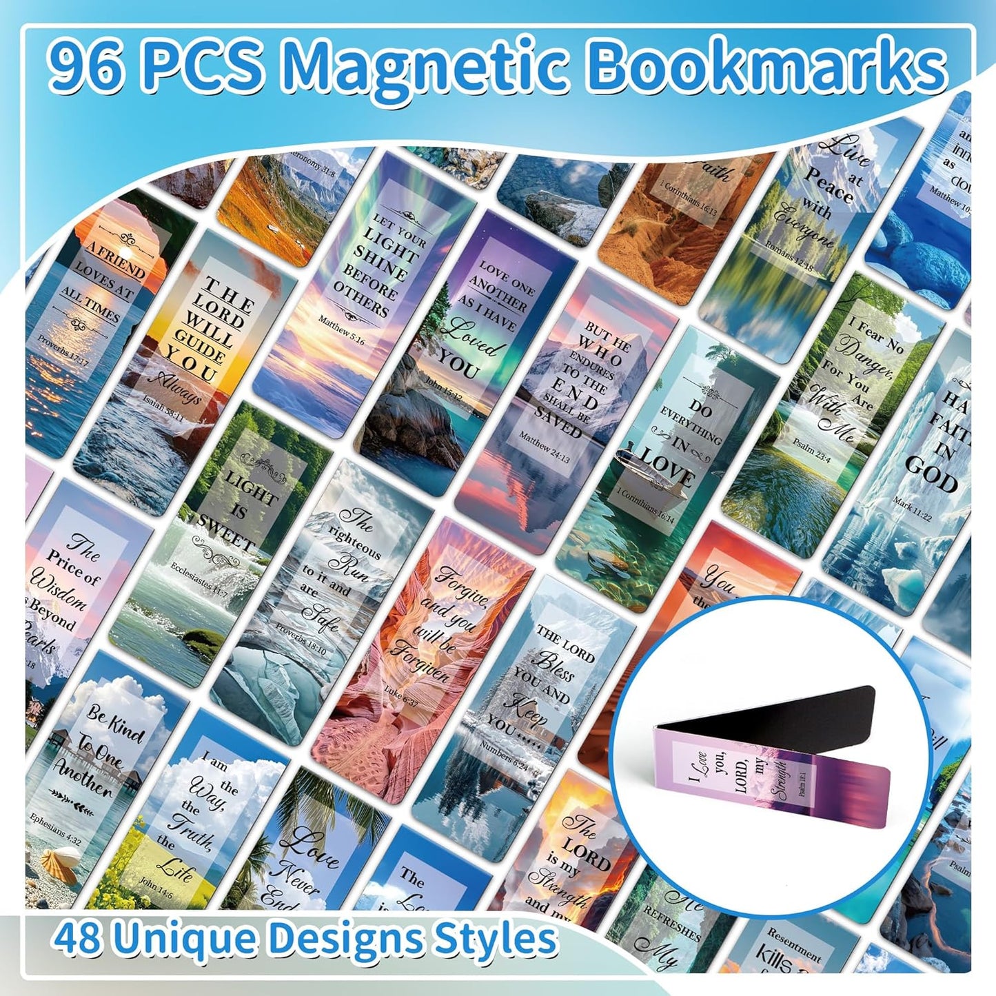 96Pack Magnetic Bookmarks Christian Bookmarks Bulk Bible Bookmark for Reading Women Men Kids Teacher Book Lovers Gifts, Religious Magnet Bookmark Clips Inspirational Personalized Book Marks (Scenery)