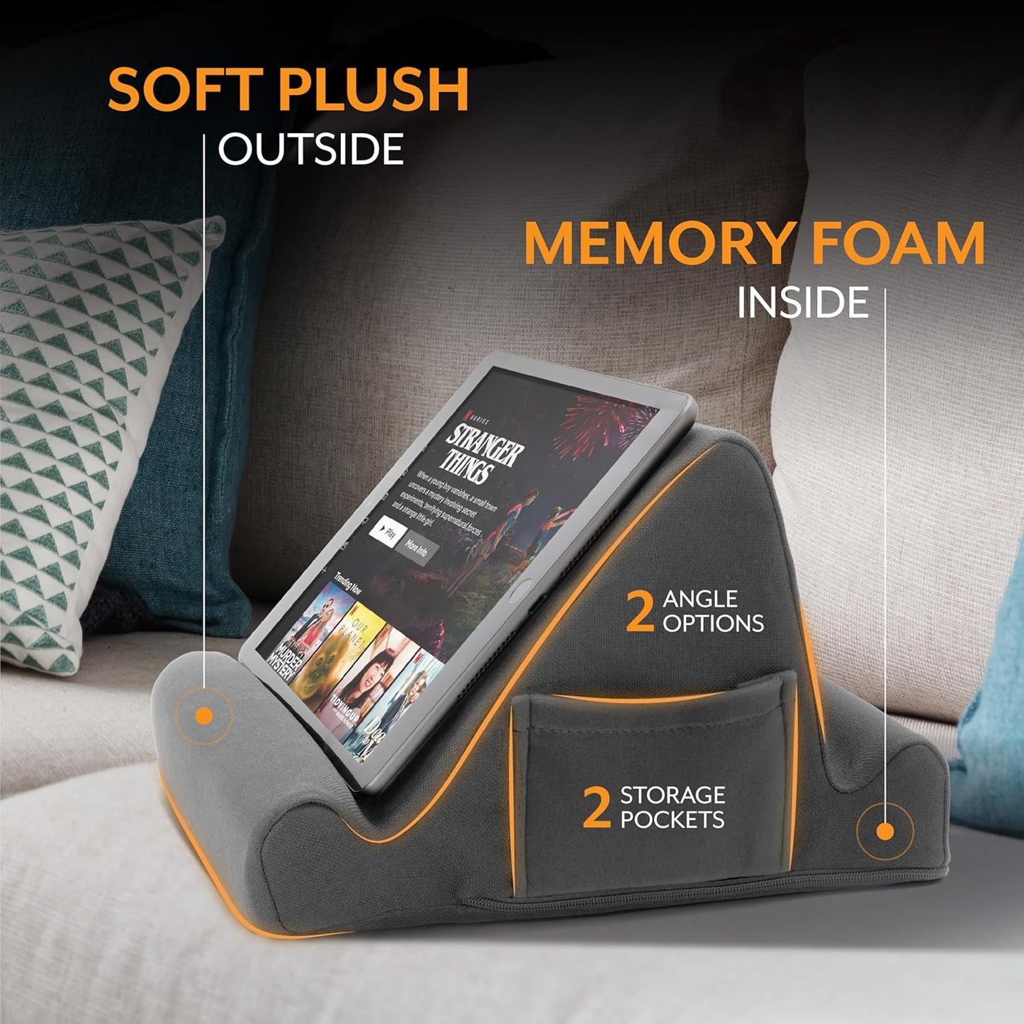 Brookstone Tablet Lap Cushion - Tablet and Phone Holder for Bed, Flights, and Travel, Two Angled Memory Foam Lap Desk for Reading and Hands Free Viewing, Compatible iPad and Kindle Accessories, Grey