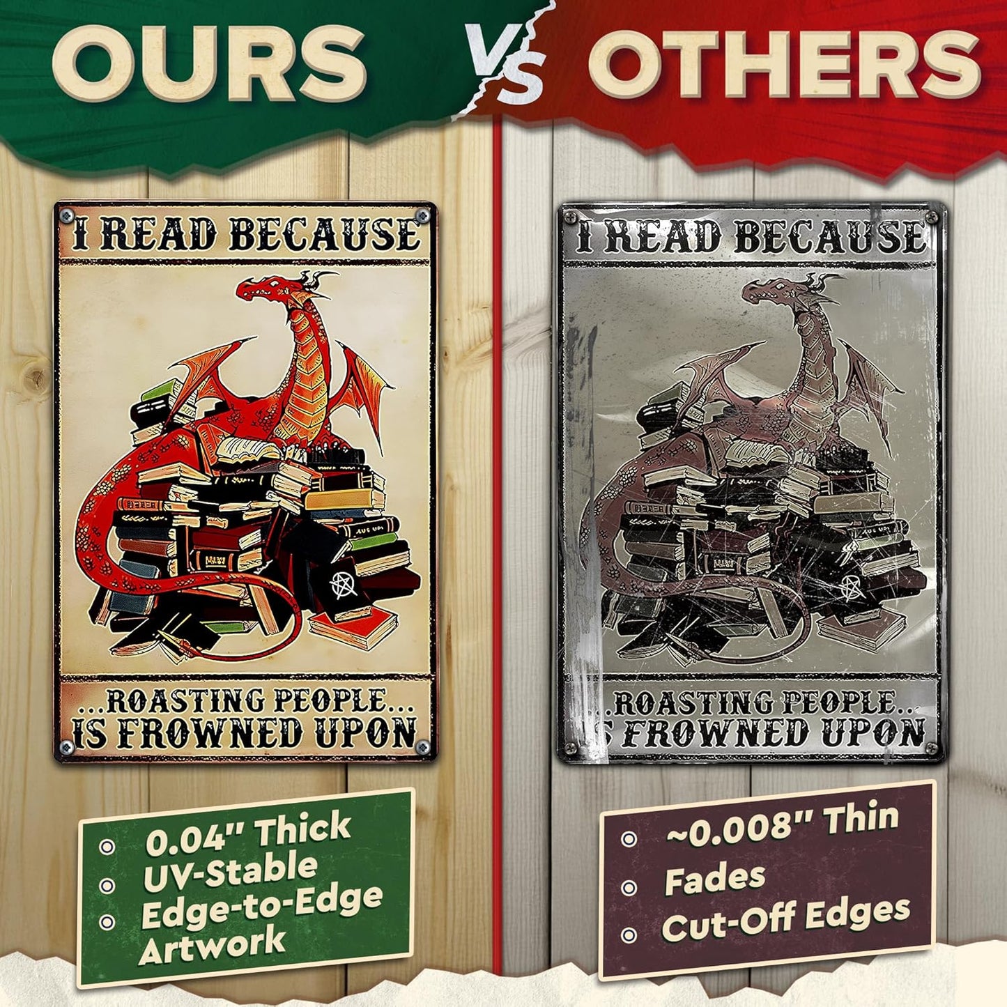 I Read Because Metal Sign – Dragon Wall Art, Durable Non-Fade Tin Sign, Funny Vintage Dragon Wall Decor, Easy to Install 8x12" Bedroom, Cafe, Library Decor, Great Valentines Day Gifts for Book Lovers