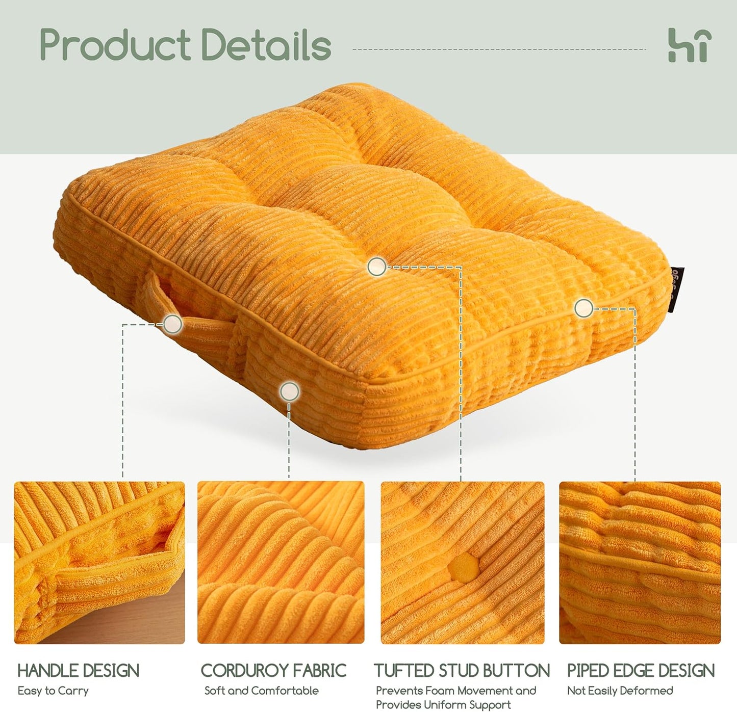 HIGOGOGO Floor Pillow Cushion for Adults, Meditation Cushion Pillow, Large Square Floor Sitting, Tufted Corduroy Cover, for Tatami Living Room or Yoga, 22x22 Inch, Orange