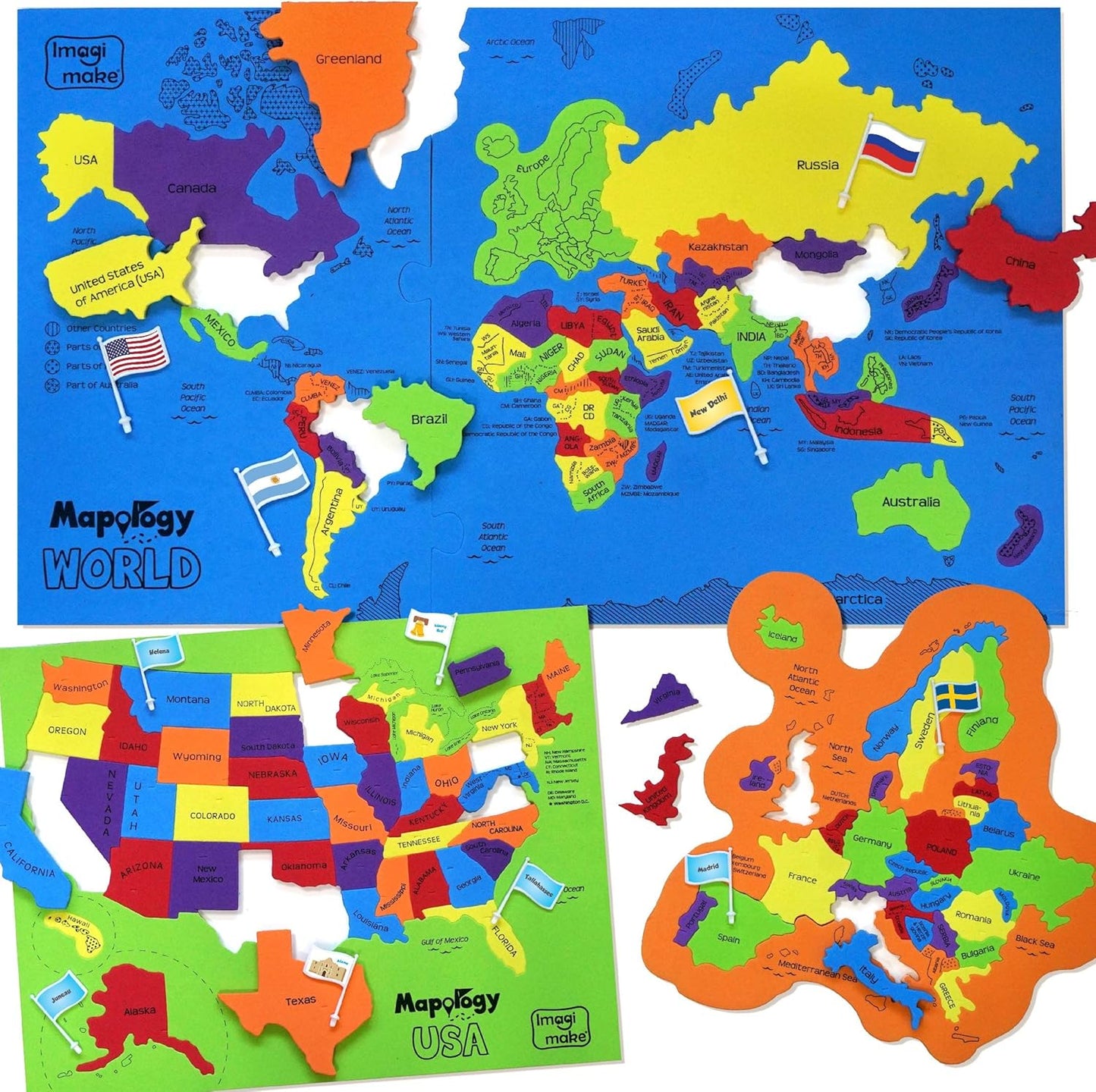 Imagimake Mapology USA & World Map Puzzle with Flags, Capitals, Stickers | Educational Toys for Ages 5-7 | Jigsaw Puzzles for Kids Ages 8-10 | Geography Toys | Easter Gifts for 6 Year Old Girl & Boy