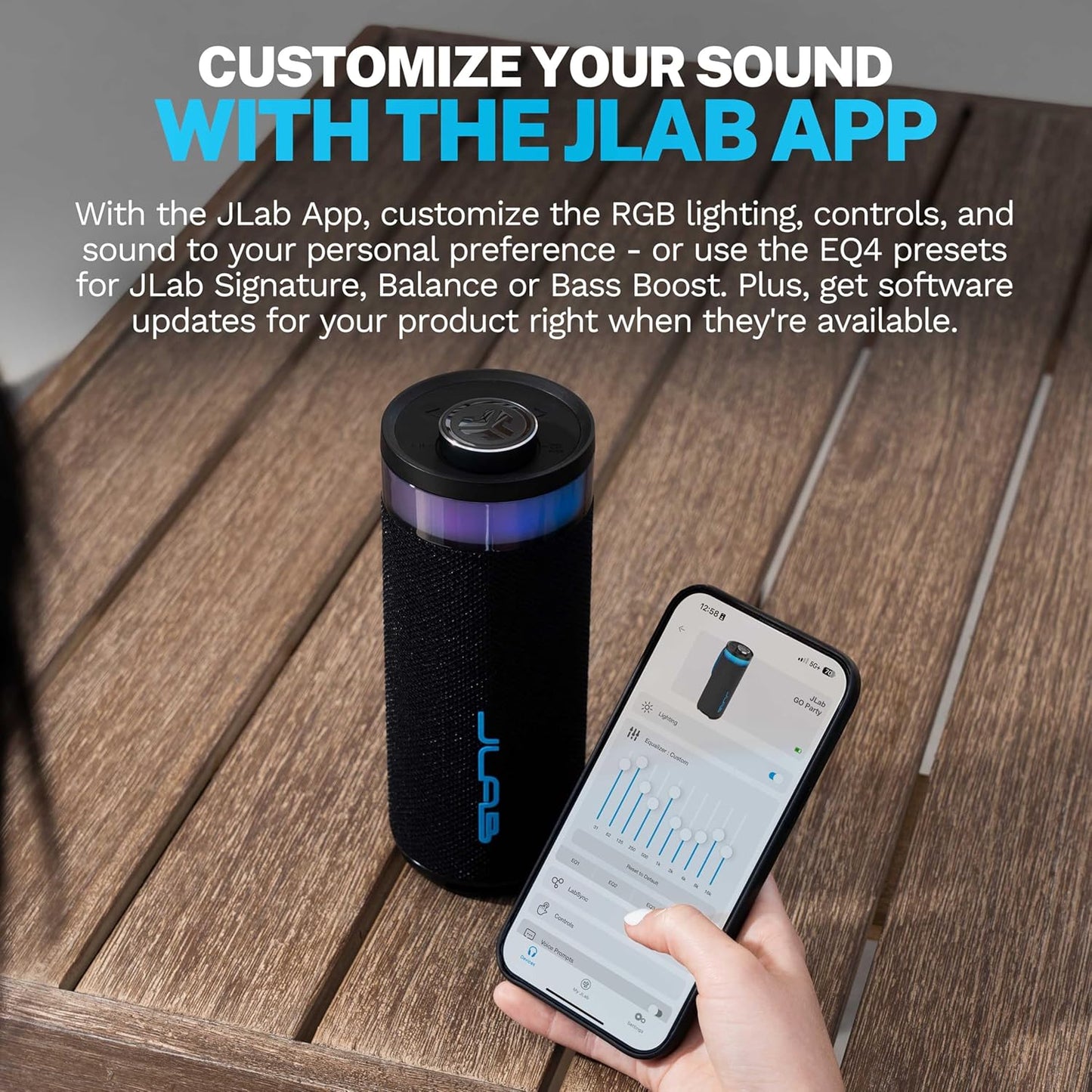 JLab Go Party Portable Bluetooth Speaker, Midnight Black, 10 Watts of Power, 16+ Hours of Playtime, IP56 Waterproofing, Customizable RGB LED Lighting, Lab Sync Up to 100 Speakers, Custom Sound in-App