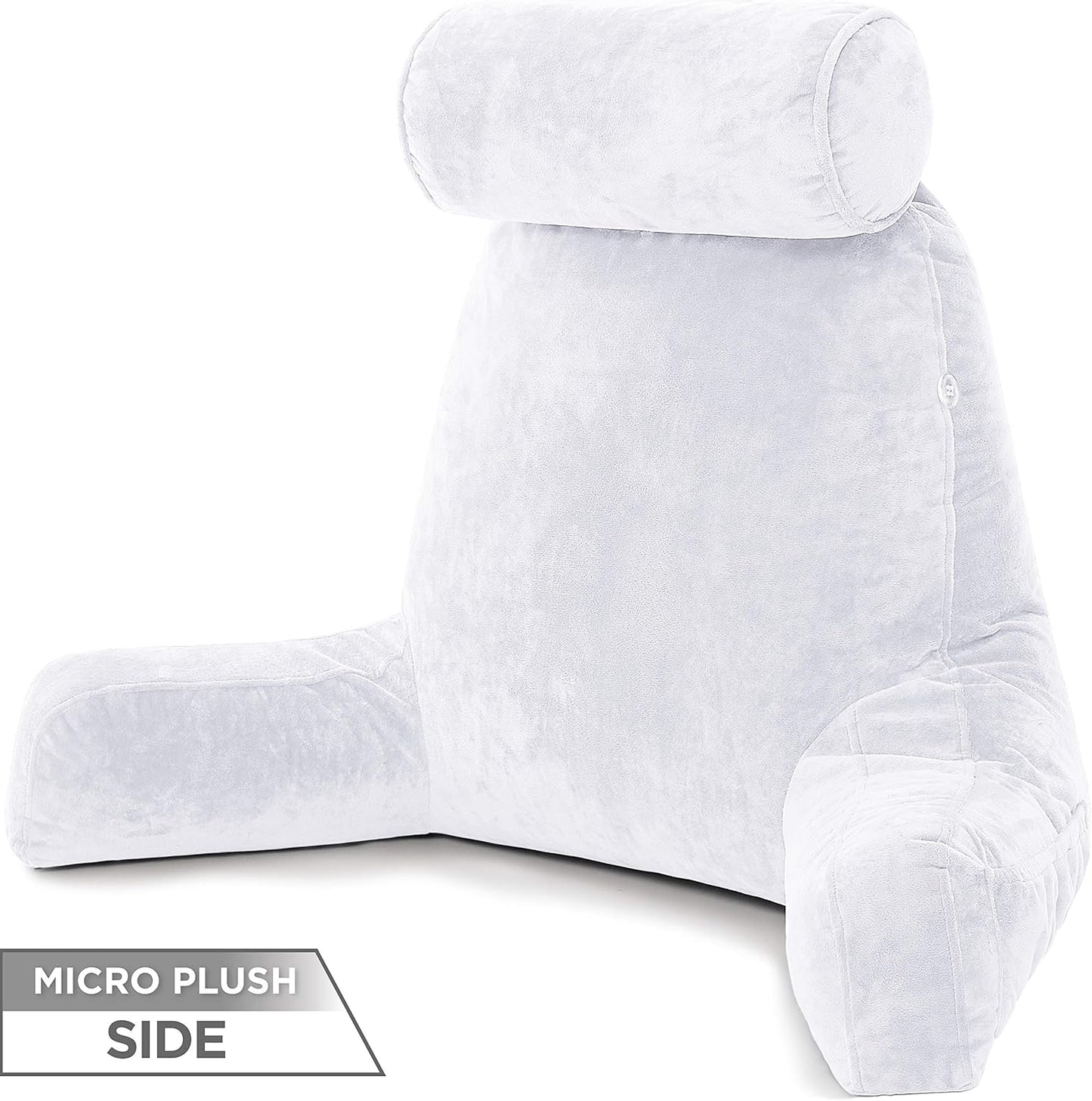 Husband Pillow XXL Aspen Edition - Adult Reading Bed Rest Pillow with Arms & Detach Neck Roll on Bungee Cord - Premium Memory Foam, Reversible 2 Sided Covers Micro Suede or Plush, White Dandelion