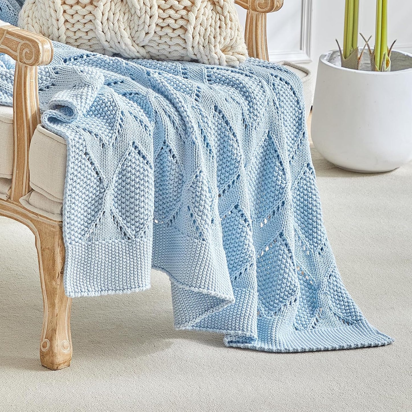 Longhui bedding Chunky Cotton Knit Throw Blanket for Couch, Sofa, Bed, or Chair, Decorative Breathable Fall Cable Knit Blanket 60 x 80 Inches, Light Blue