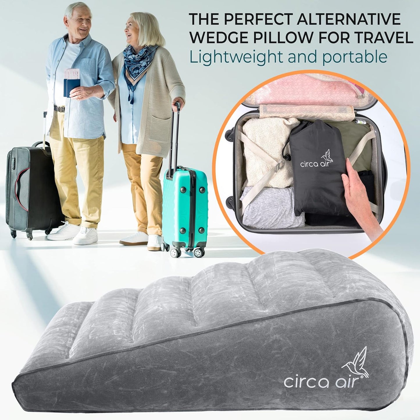 Circa Air Inflatable Wedge Pillow for Traveling - Travel Wedge Pillows for Sleeping in Bed, Acid Reflux, Sleep Apnea, Snoring for Back, Knee, Leg Elevation and Side Sleepers, Blow up Cushion