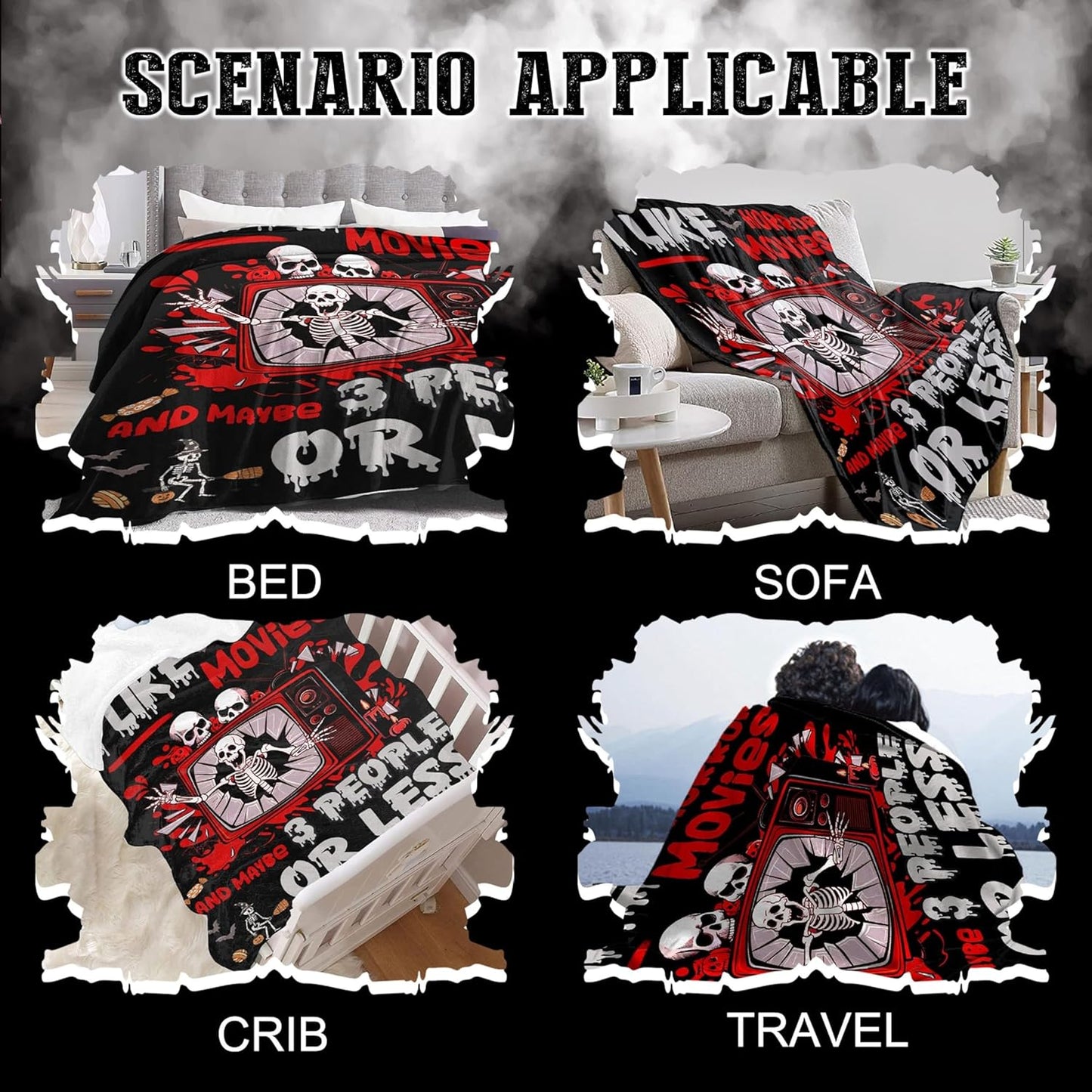 Horror Throw Blanket, I Like Horror Movies Gifts for Kids Adults, Soft Flannel Skull Blankets Quilts for Bed Sofa,Halloween Decoration for Bedroom,40"x50"