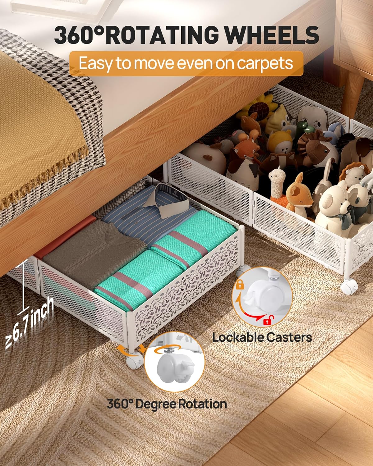 Under Bed Storage With Wheels - 60L Foldable Pattern Carved Metal Container, Rolling Underbed for Shoes, Clothes, Blankets - Easy Assembly