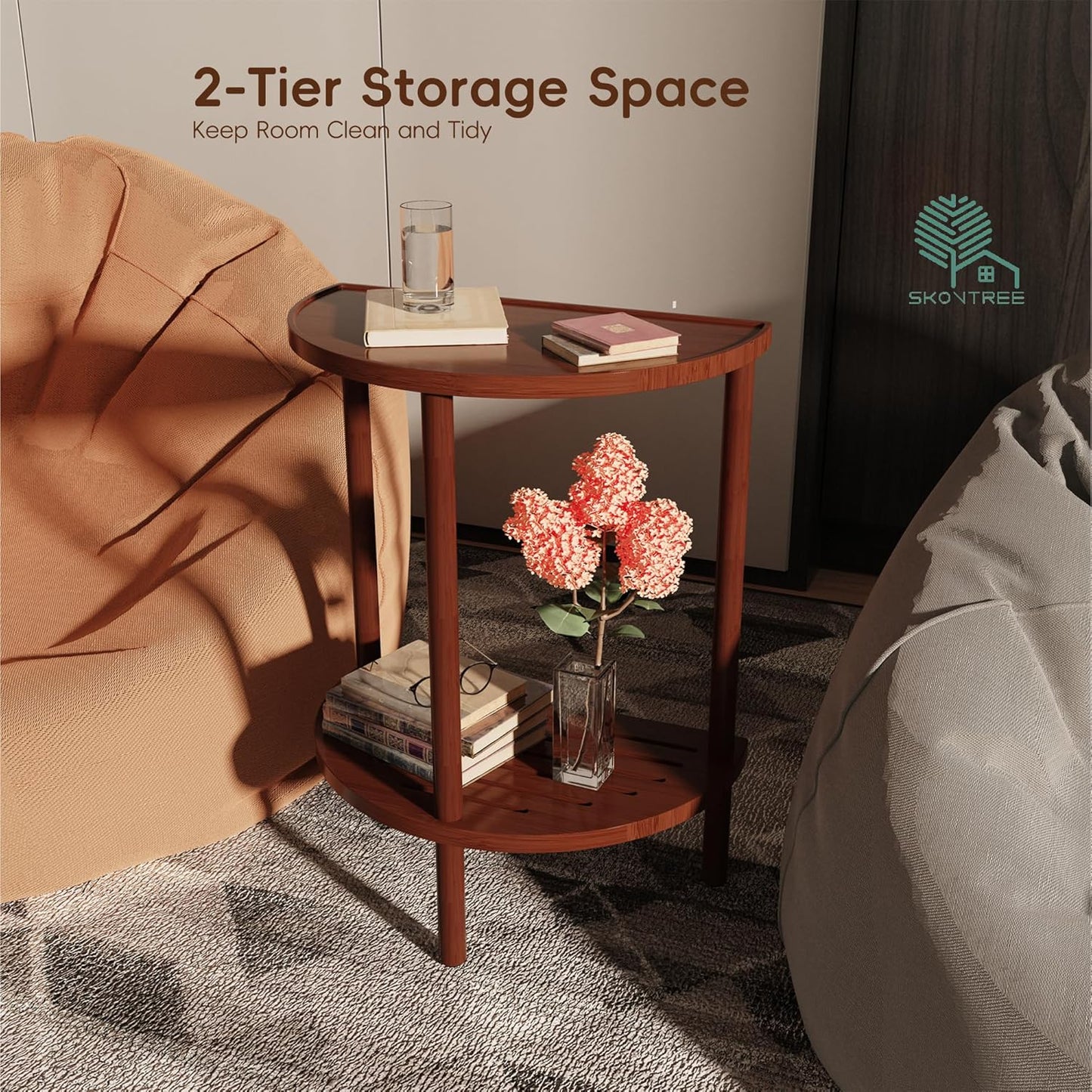 End Table, Half Moon Side Tables, Living Room Half Round 2 Tier Tables, NightStand for Small Space in Living Room Bedroom, Couch Tables with Storage Shelf, Boho Side Table (Brown)