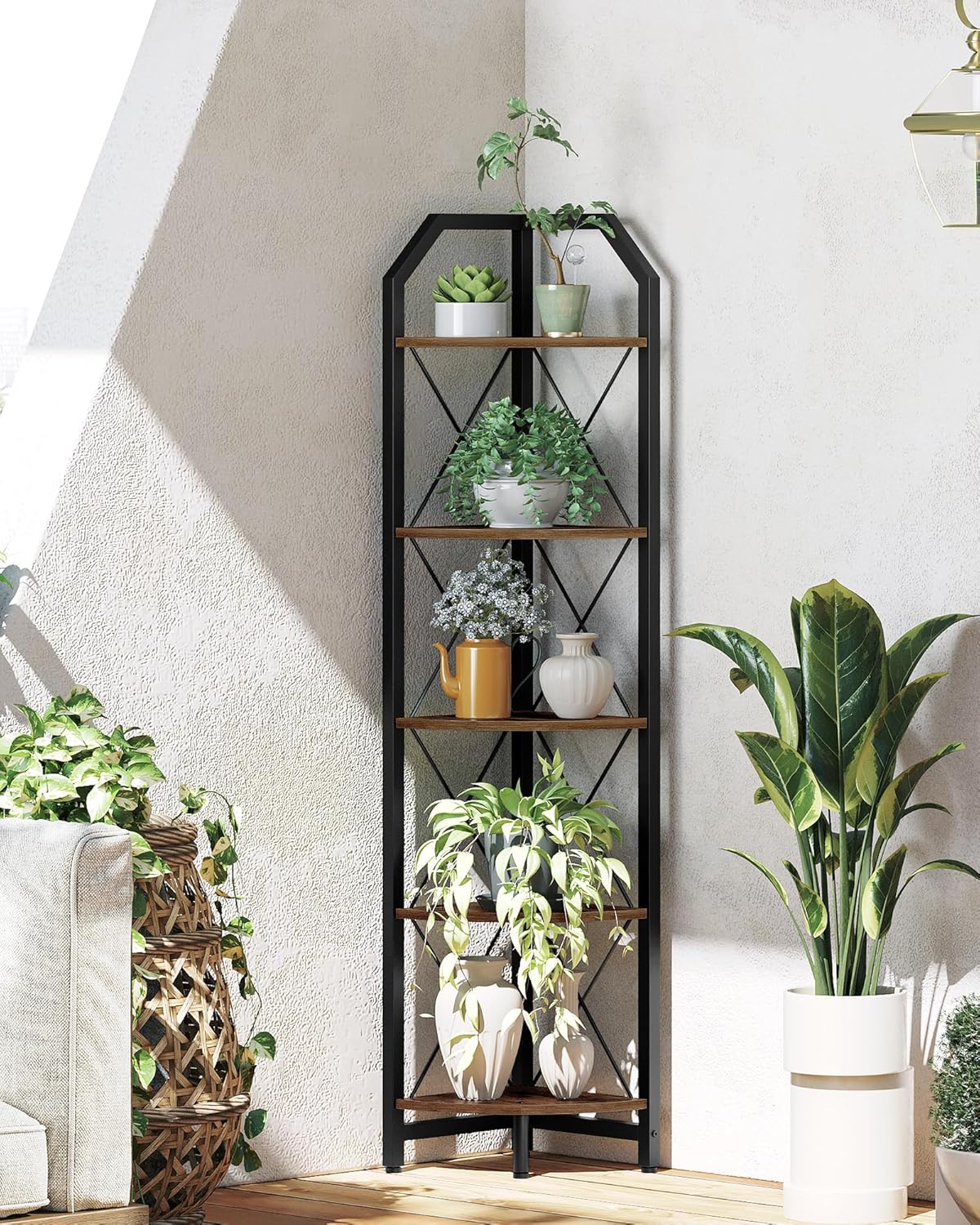 59.4" Corner Shelf, 5-Tier Industrial Corner Bookshelf, Corner Storage Stand, Plant Stand Display Shelf, Bookcase for Bedroom, Living Room, Home Office, Rustic Brown and Black TCJ10BF