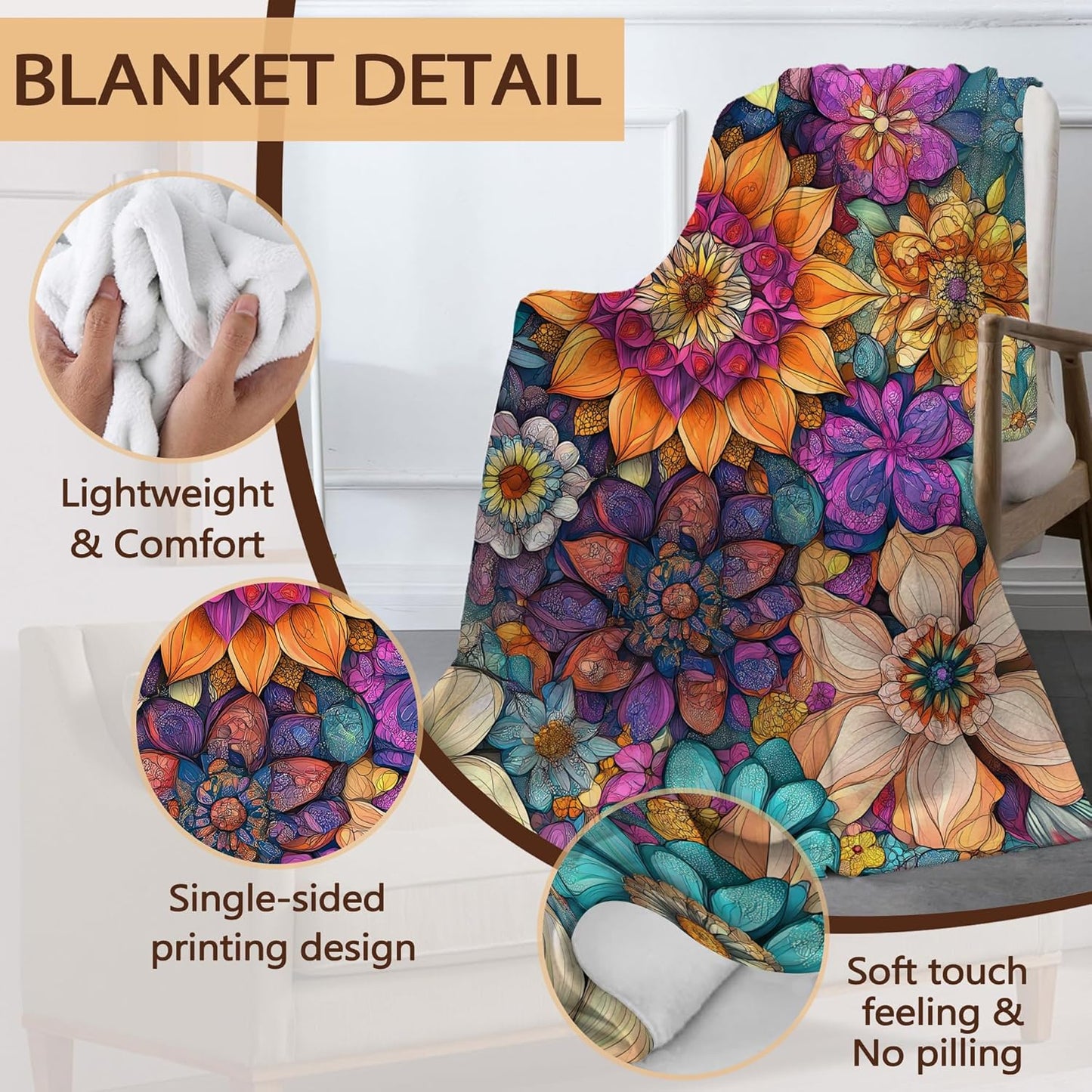 Vintage Floral Fall Throw Blanket,Ethic Flower Cozy Plush Fluffy Blanket for Living Room Decor,Lightweight Fleece Throws for Couch,Bed,Traveling,Naps,Reading,50 X 60 Inch