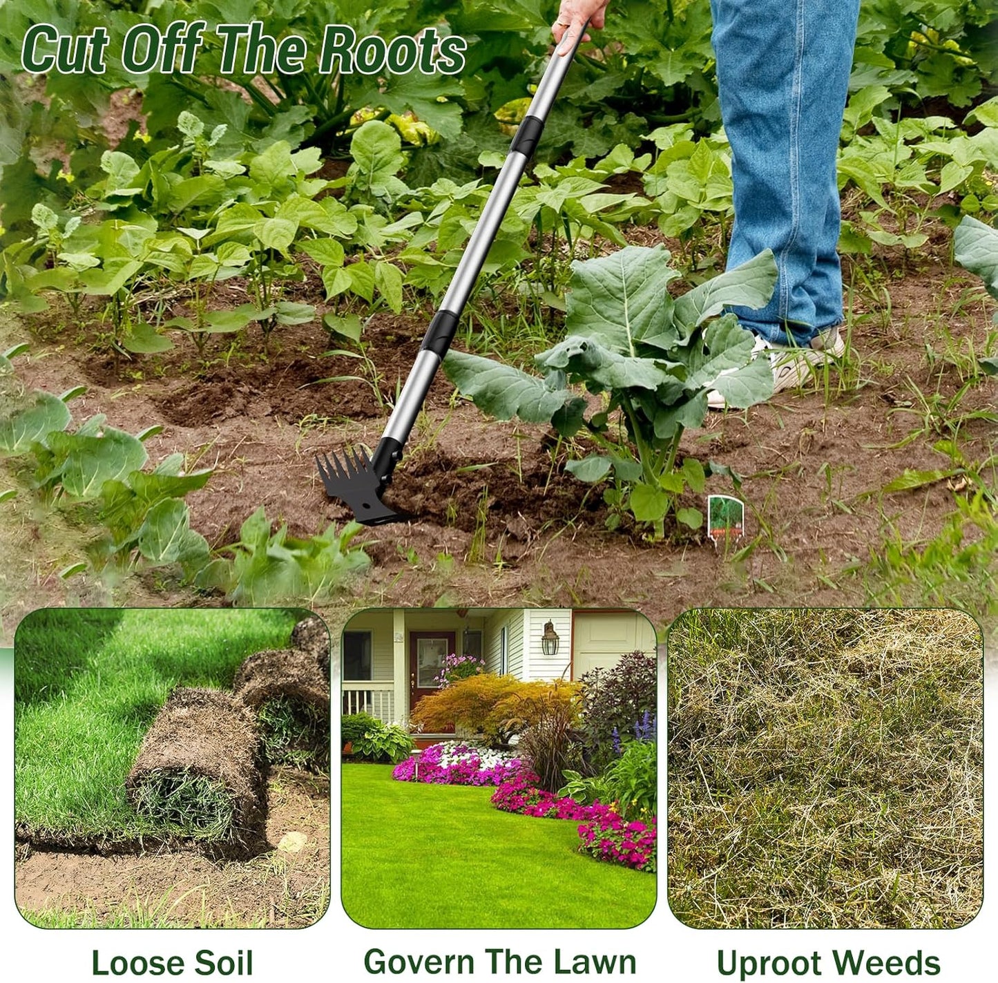 Weed Puller Tool with Long Handle – 2-in-1 Handle Garden Hoe and Weed Rake, Hoe Garden Tool for Home Gardens, Lawns, and Yards