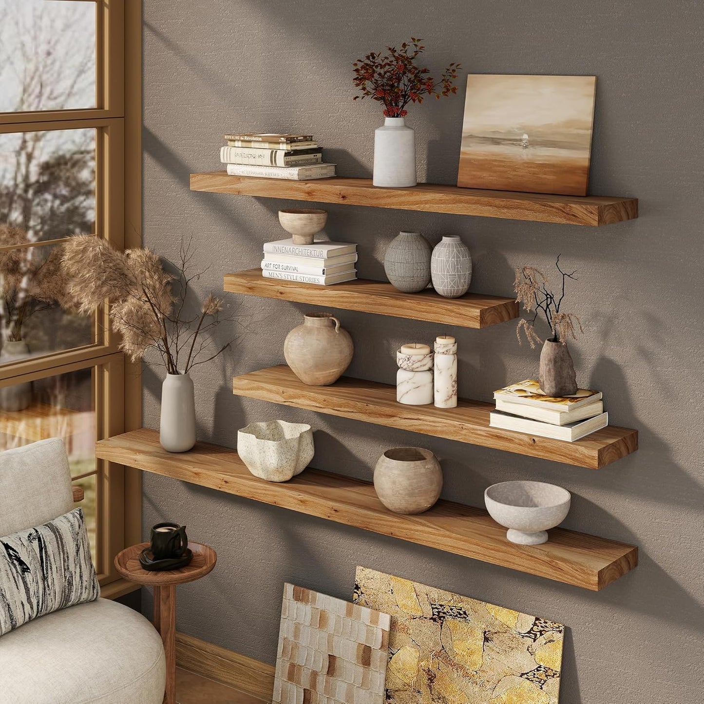 Marsmiles 24 inch Floating Shelves for Wall Solid Elm Wood Shelves|Rustic Wall Shelves with Invisible Heavy-Duty Bracket for Bathroom Living Room Kitchen|Natural, 2 Pack