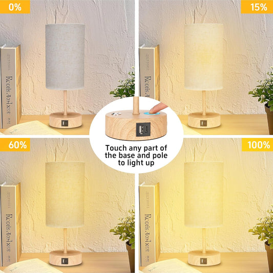 Bedside Table Lamp for Bedroom - 3 Way Dimmable Touch Lamp USB C Charging Ports and AC Outlet, Wood Base Round Flaxen Fabric Shade for Living Room, Desk,E26 Bulb Included