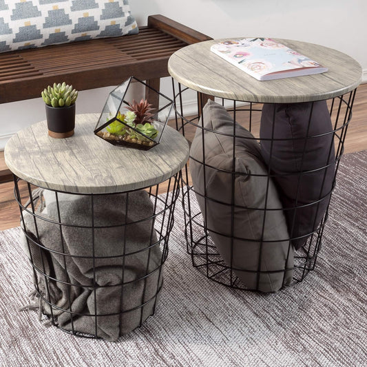 End Tables Set of 2 - Nesting Tables with Removable Wood Tops and Metal Basket Bases for Blanket Storage - Round Side Furniture for Living Room, Bedroom, or Home Office by Lavish Home (Gray/Black)