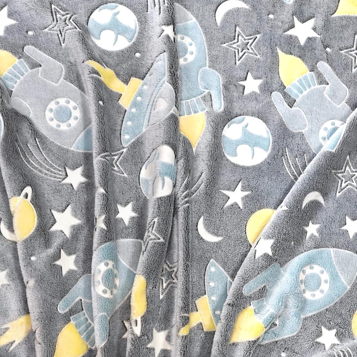 Glow in The Dark Space Blanket Glowing Rocket Spaceship Moon and Stars Throw Blankets Luminous Gifts for Kids Toddler Boys Girls Twin Size (Glow Space, 60"x 80")