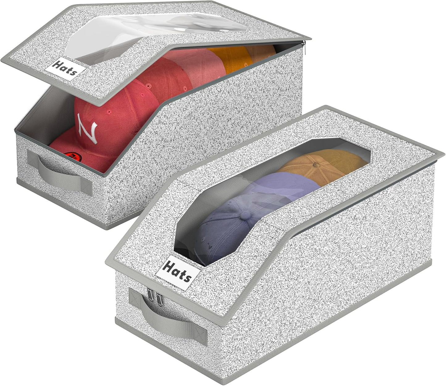 2 PCS Stackable Hat Storage for Baseball Caps, Clear Hat Storage Box with Cardboard, Holds up to 24 Caps, Portable Handle Design, for Closet/Shelf Use, Grey