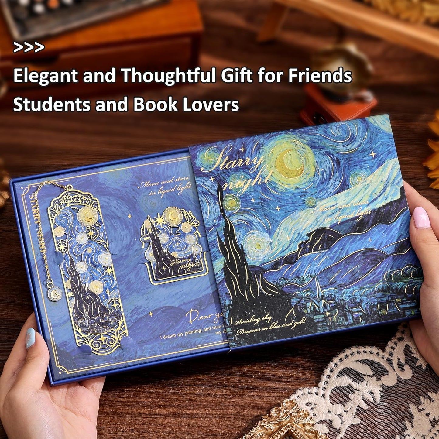 Luxury Metal Bookmark & Book Clip Gift Set, Oil Painting Themed Starry Night, 1 Bookmark with Pendant + 1 Book Clip, Elegant Christmas New Year Gift Box for Women Book Lovers Writers Readers Teens