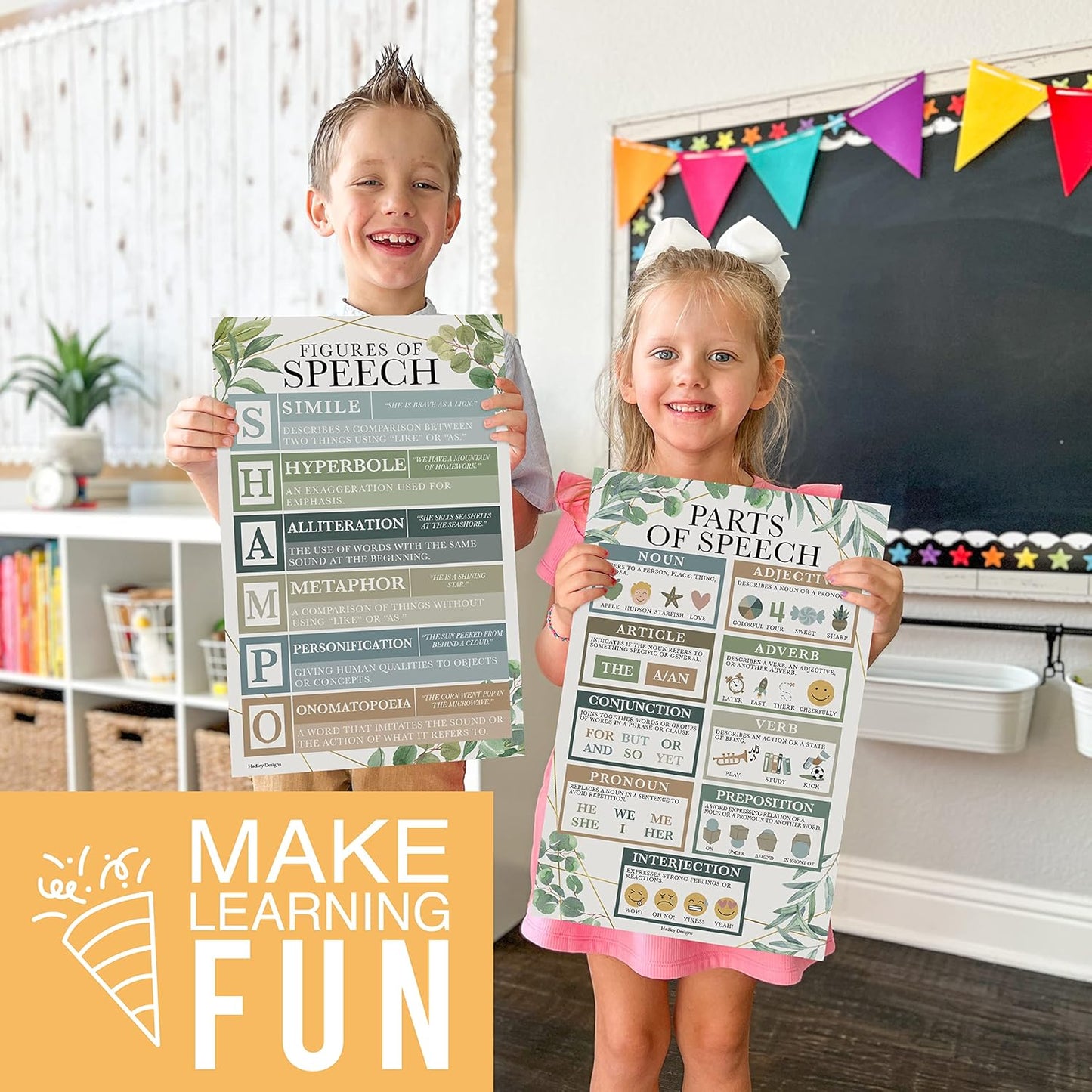 Hadley Designs Parts of Speech Posters For Classroom -4 English Grammar Posters, Writing Process Punctuation Nouns Verbs Adjectives, Language Arts Elementary Middle School, Greenery Classroom Decor
