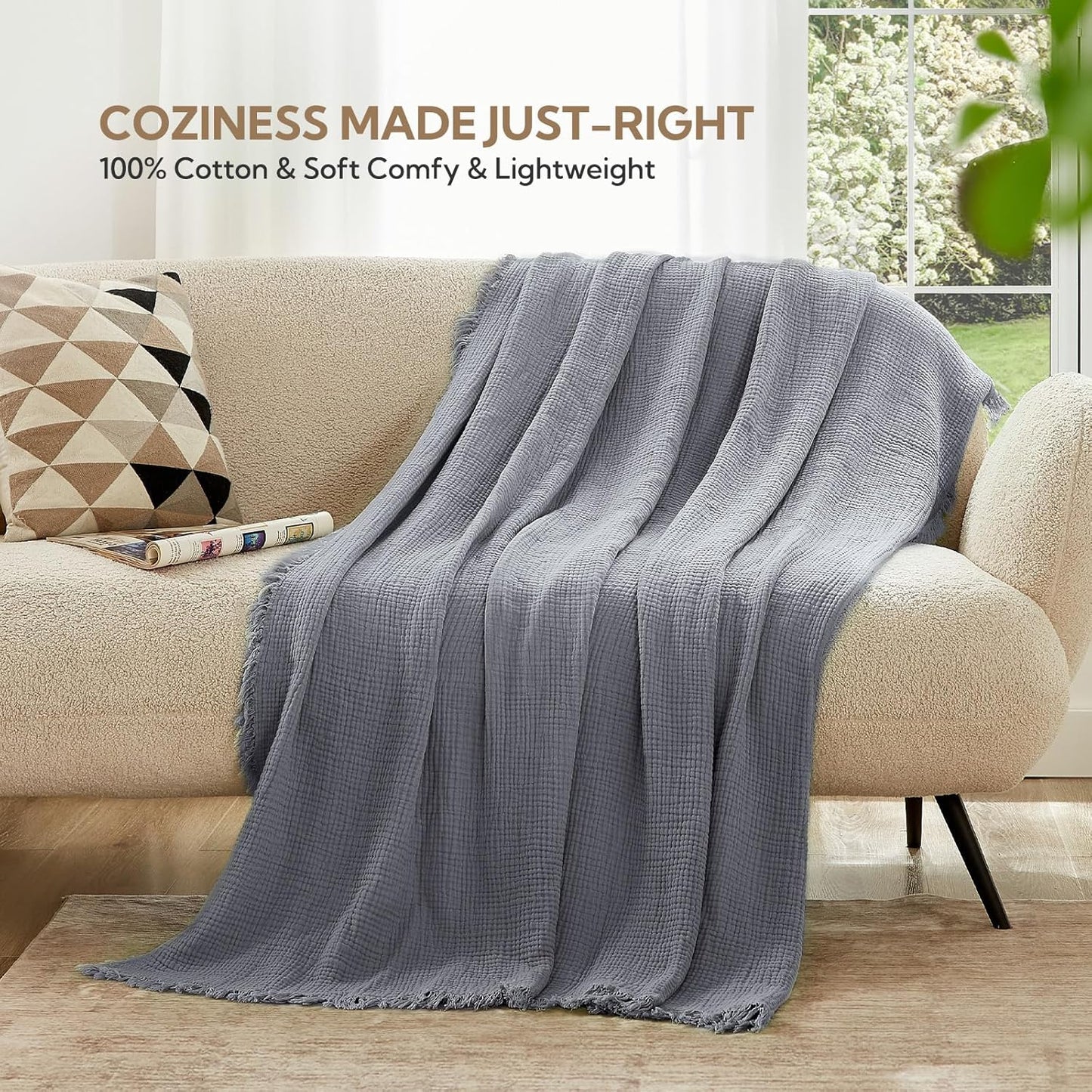 SOULFUL Muslin Throw Blanket with Tassels - Soft King Size Cotton Throw Blanket for Couch or Bed, Lightweight and Breathable Gauze for All Seasons, LightChampagne, 108" x 90"