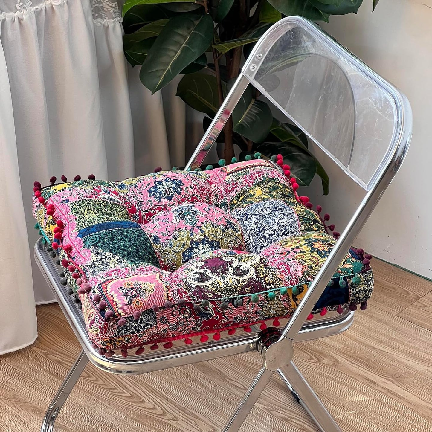 vctops Boho Seat Cushion Chair Pad with Pompoms, Tribal Printed Soft Comforatble Seat Pillow Cushion Cotton Linen Square Chair Cushion for Kitchen Living Room Adults Kids Reading (Pink,16"x16")