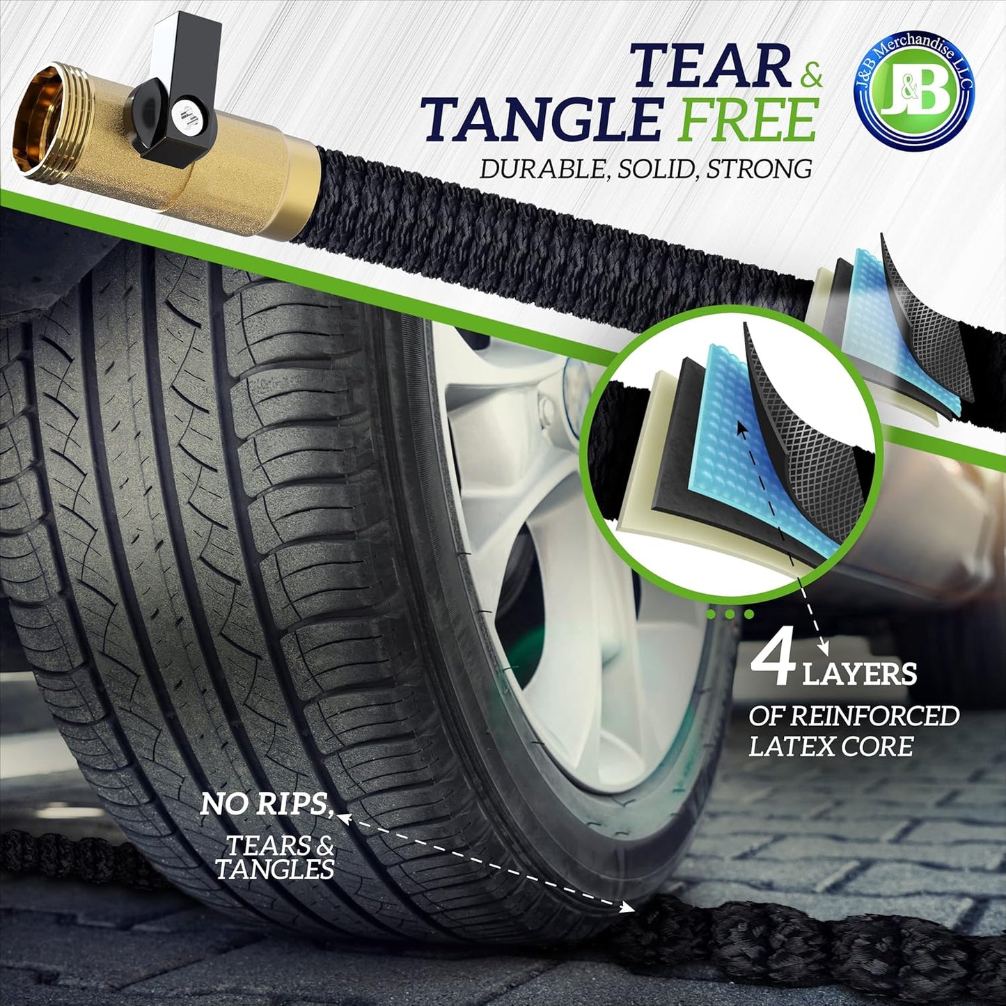 J&B XpandaHose 100ft Expandable Garden Hose – Ultra-Strong 3750D, 4-Layer Latex Core, Brass 3/4" Connectors, 10-Pattern Nozzle & Storage Bag – Lightweight, Kink-Reducing, Leak-Resistant